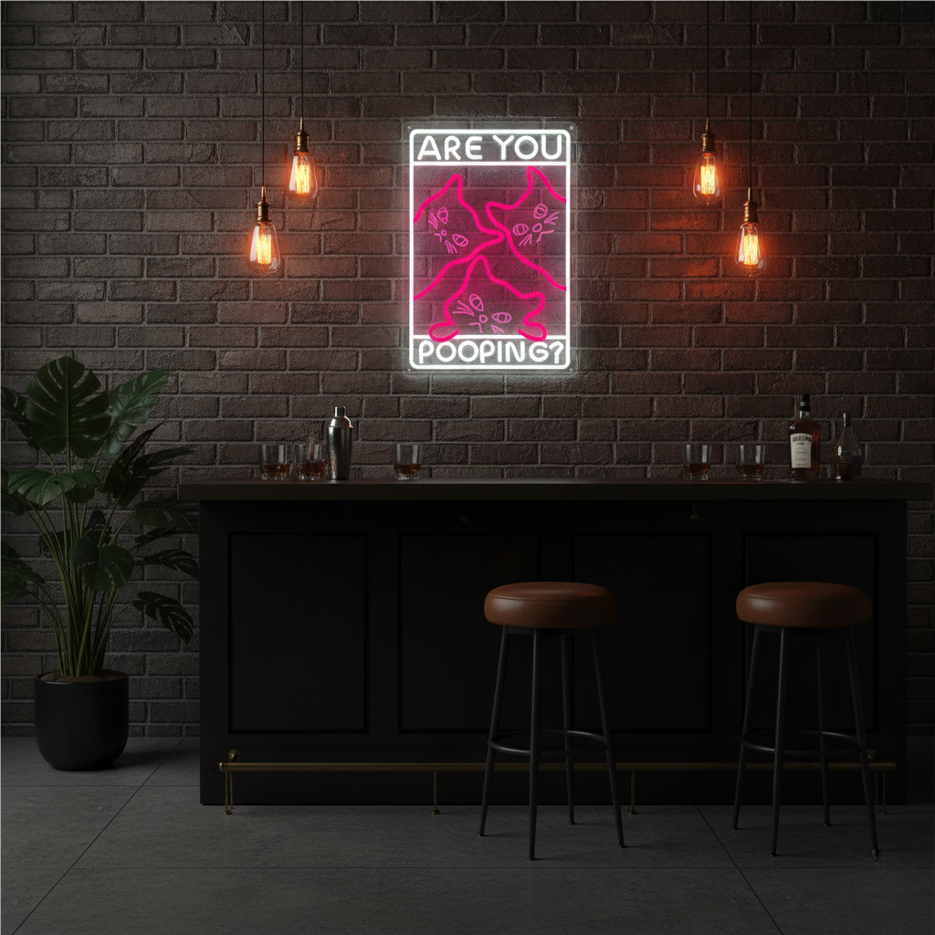 Funny Curious Kitty Cats “Are You Pooping?” LED Neon Sign for bathroom and Gift Wall Decor