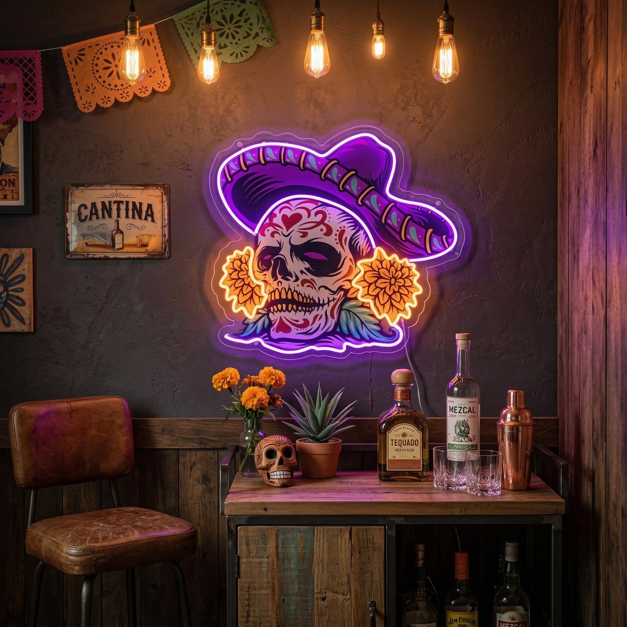 ShineNeon™ Sombrero Sugar Skull Neon Sign - Vibrant Day of the Dead Wall Decor for Man Cave