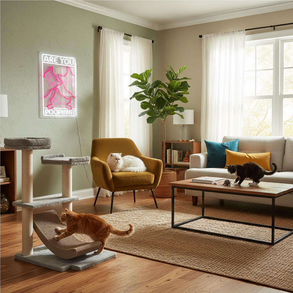 Funny Curious Kitty Cats “Are You Pooping?” LED Neon Sign for bathroom and Gift Wall Decor