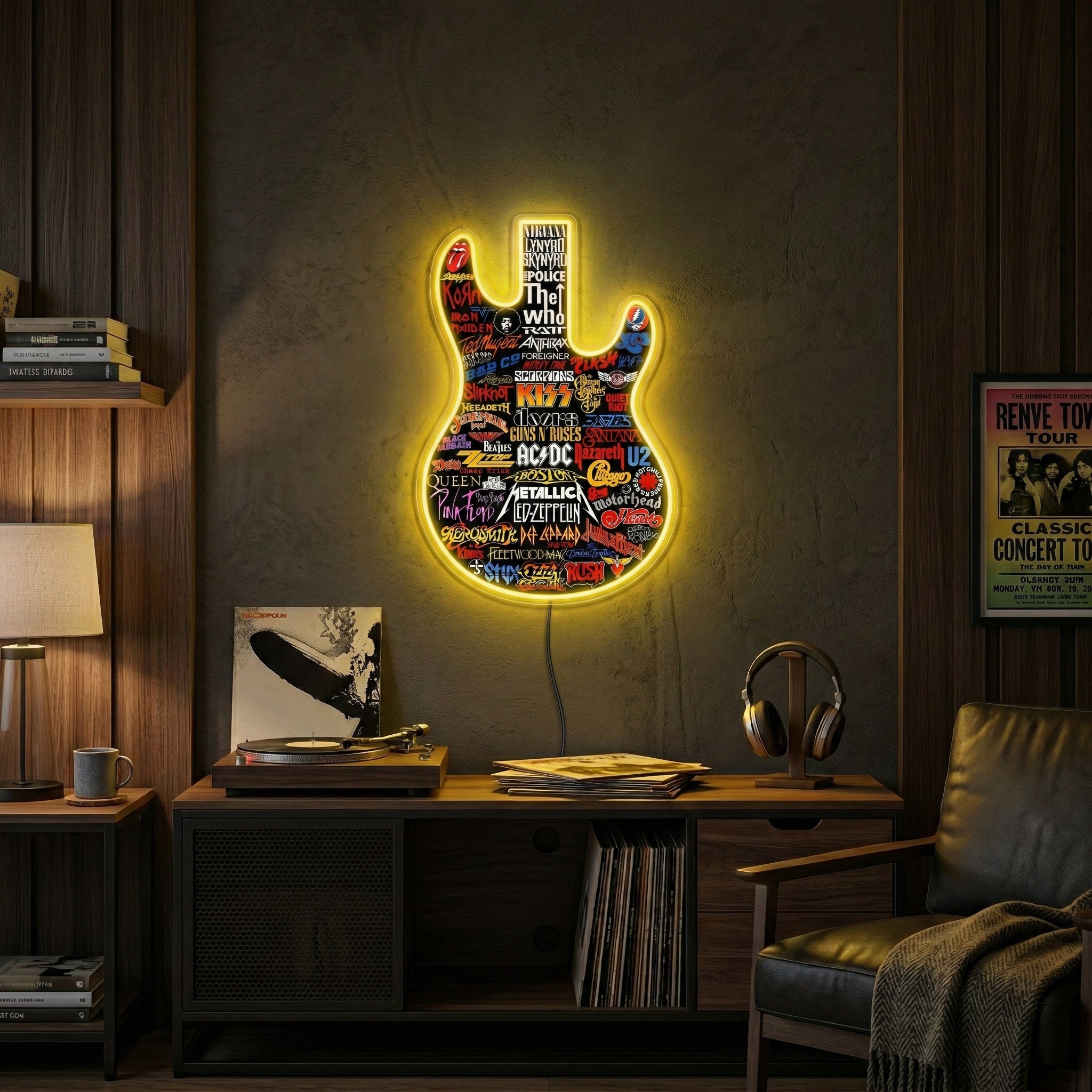 ShineNeon™ Classic Rock Guitar LED Neon Sign - Multi-Band Logo Art for Music Room & Garage