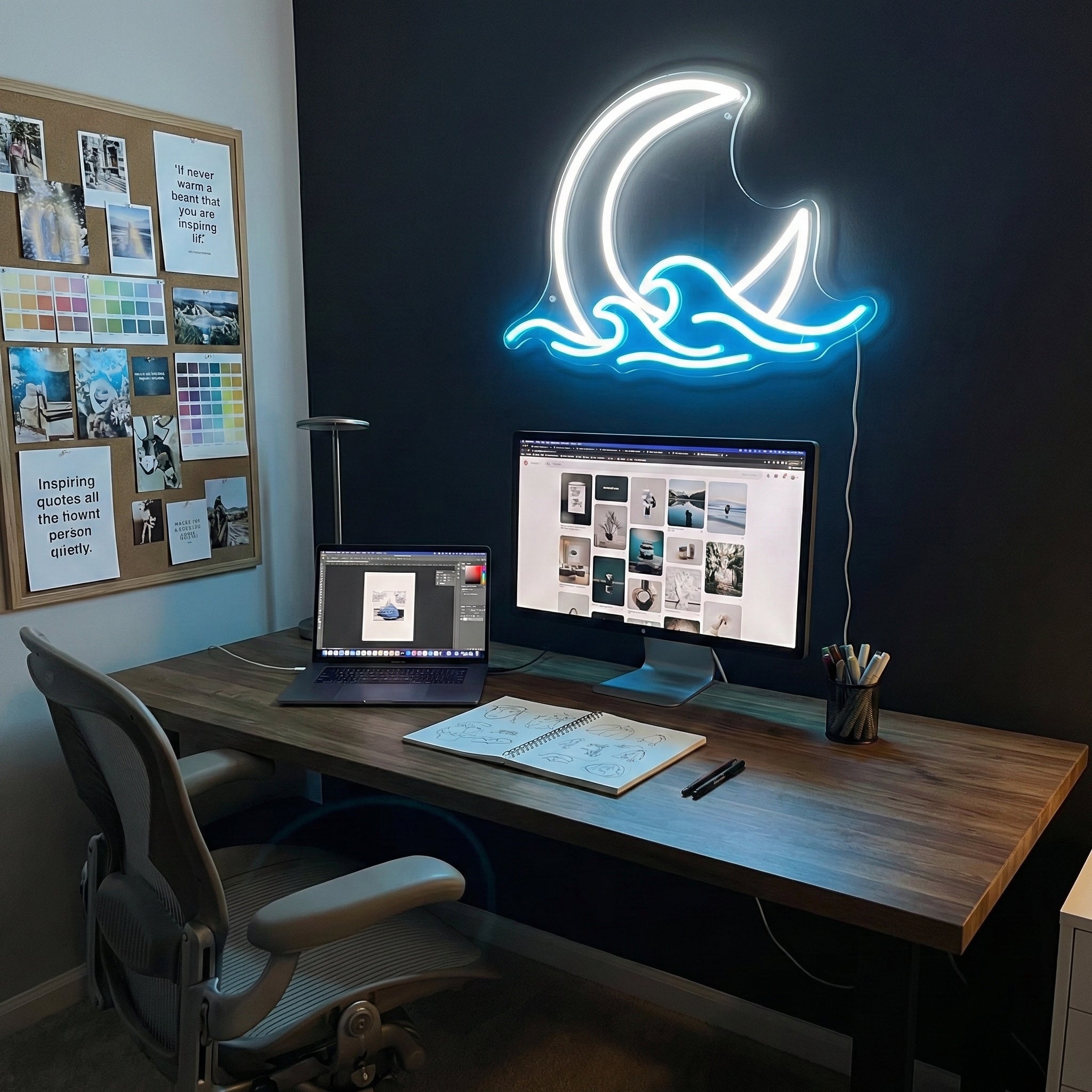 ShineNeon™ Moon & Ocean Waves LED Neon Sign - Serene Coastal Wall Decor for Bedroom