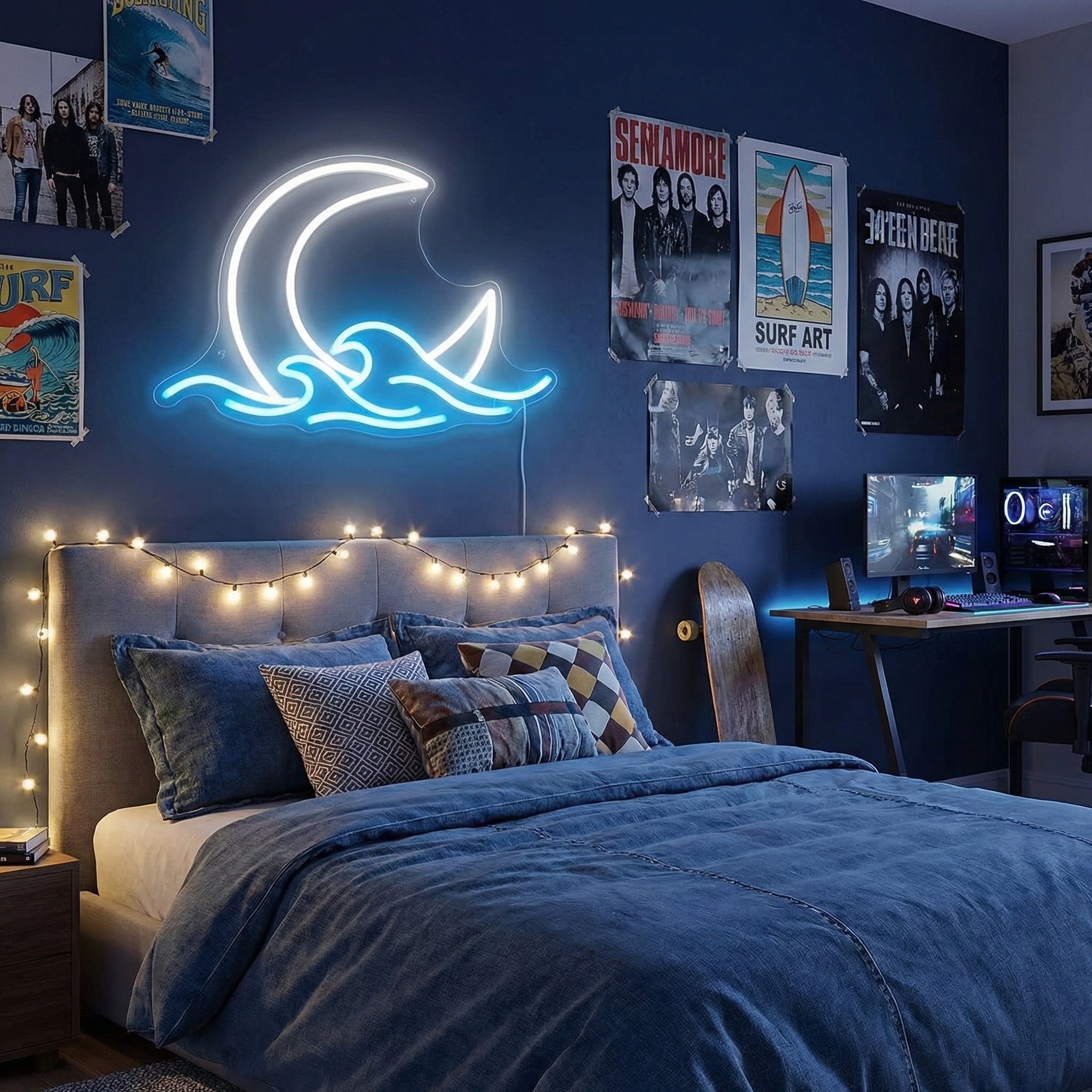 ShineNeon™ Moon & Ocean Waves LED Neon Sign - Serene Coastal Wall Decor for Bedroom