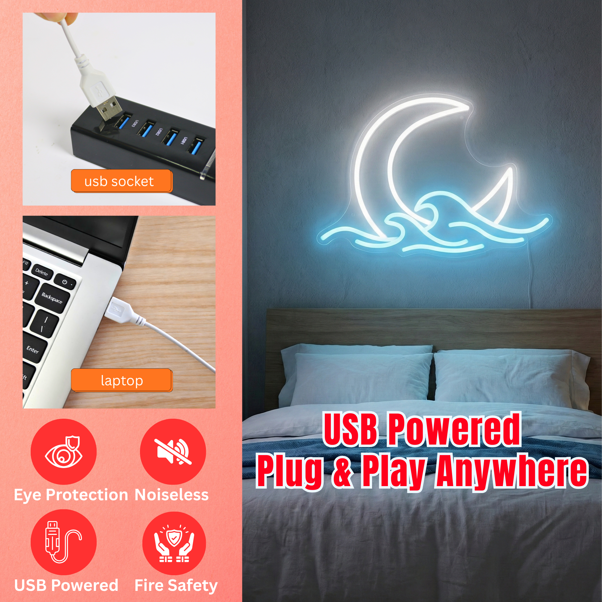 ShineNeon™ Moon & Ocean Waves LED Neon Sign - Serene Coastal Wall Decor for Bedroom