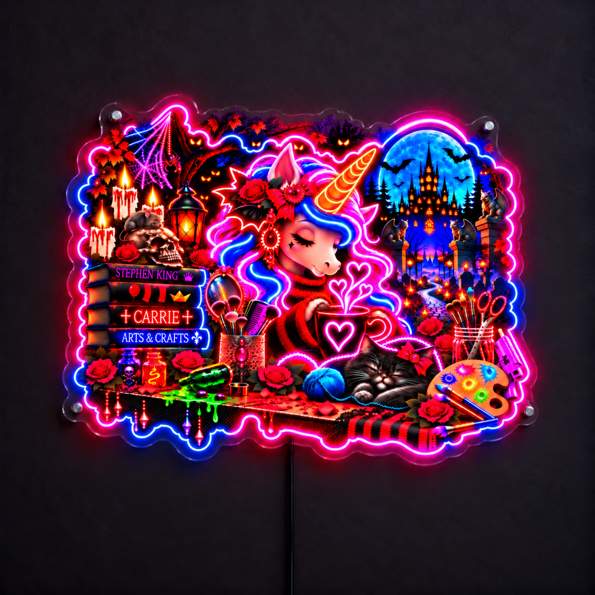 Gothic Halloween Unicorn & Black Cat UV Custom LED Neon Sign