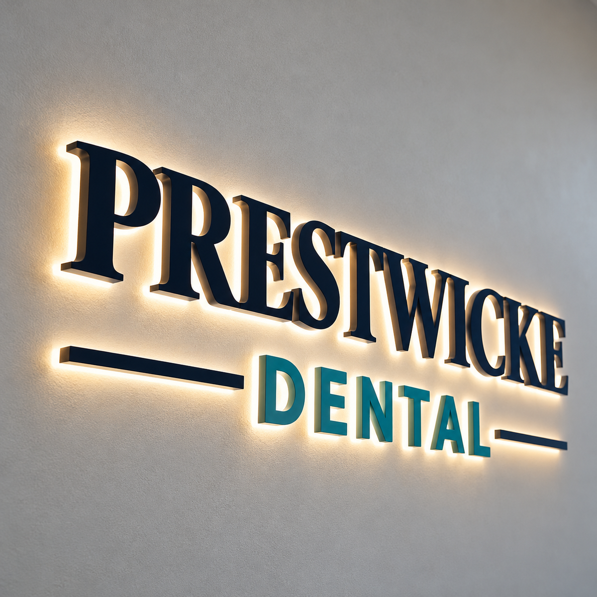 Prestwicke Dental Custom 3D Halo Backlit Metal Letters & Logo Wall Sign