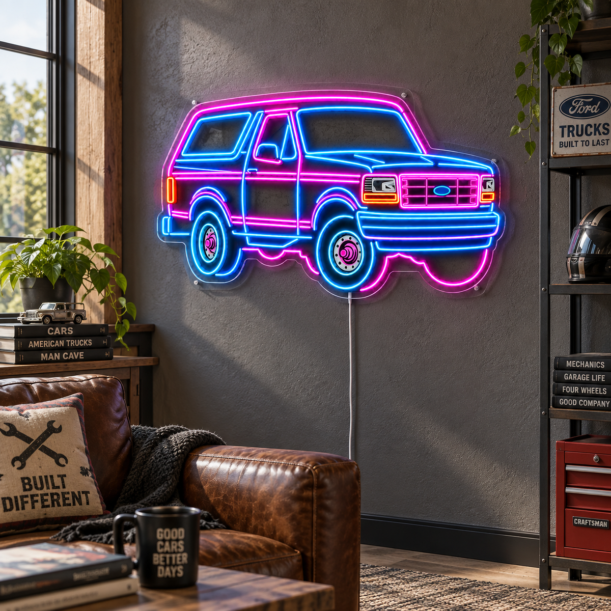 Retro Off-Road SUV LED Neon Sign – Blue & Pink Garage Wall Decor