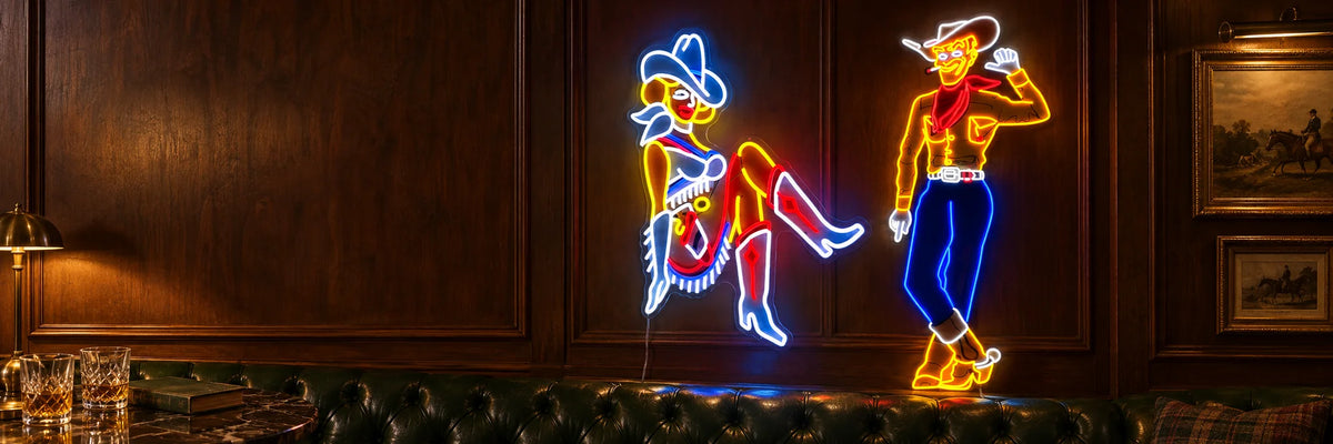 Cowgirl and Vegas Vic neon signs in a walnut-paneled lounge