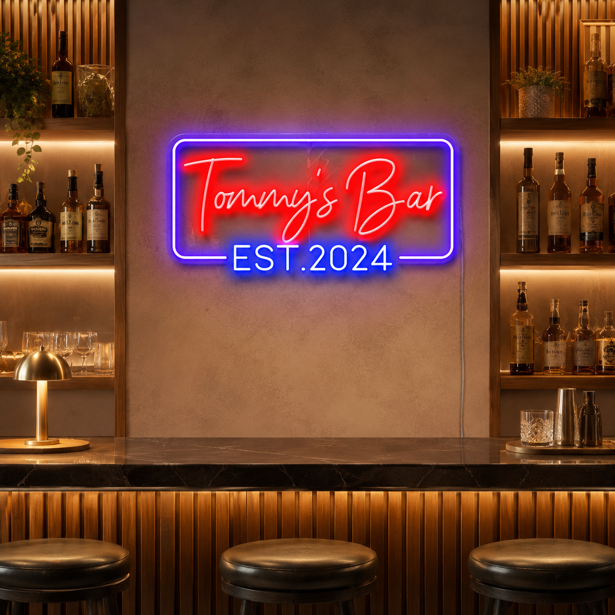 A Bar With Three Stools And A LED Neon Sign main product image