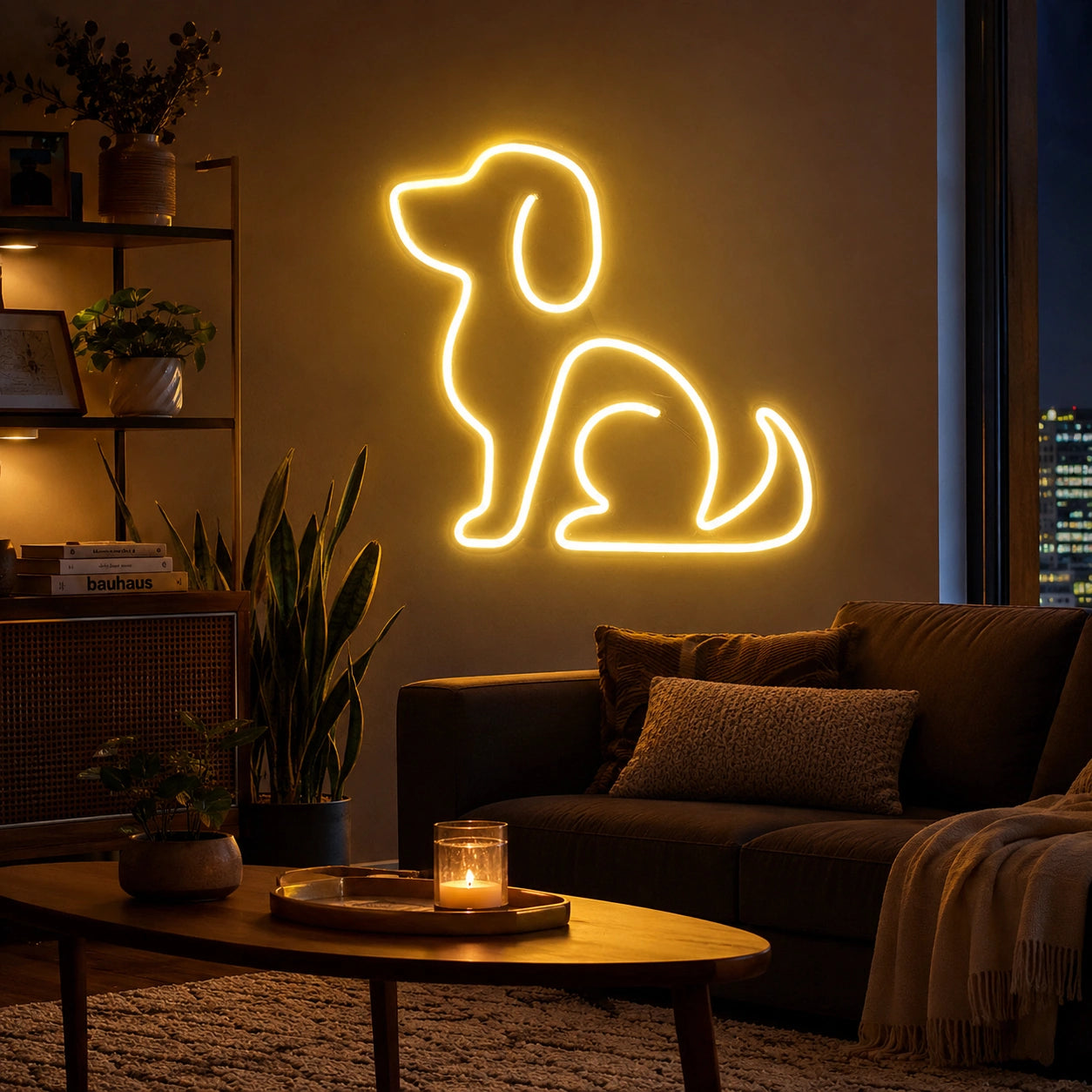 A Person Standing Next To LED Neon Sign Dog Neon Sign - 03 Real Lifestyle Scene