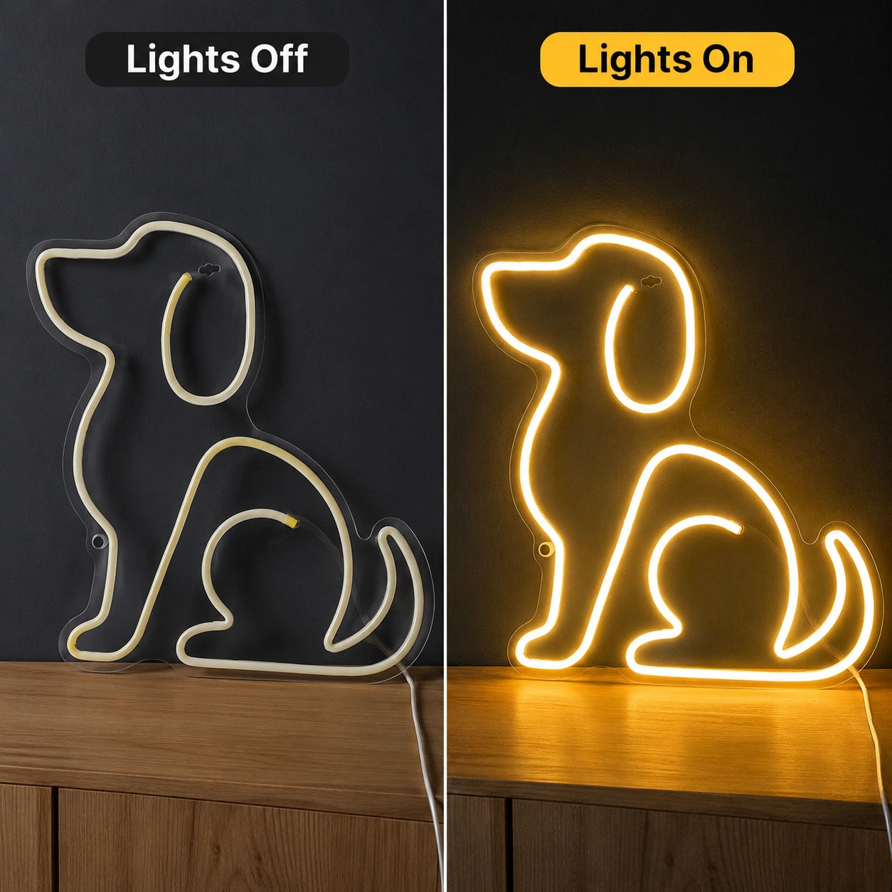 A Person Standing Next To LED Neon Sign Dog Neon Sign - 06 Day Night Comparison