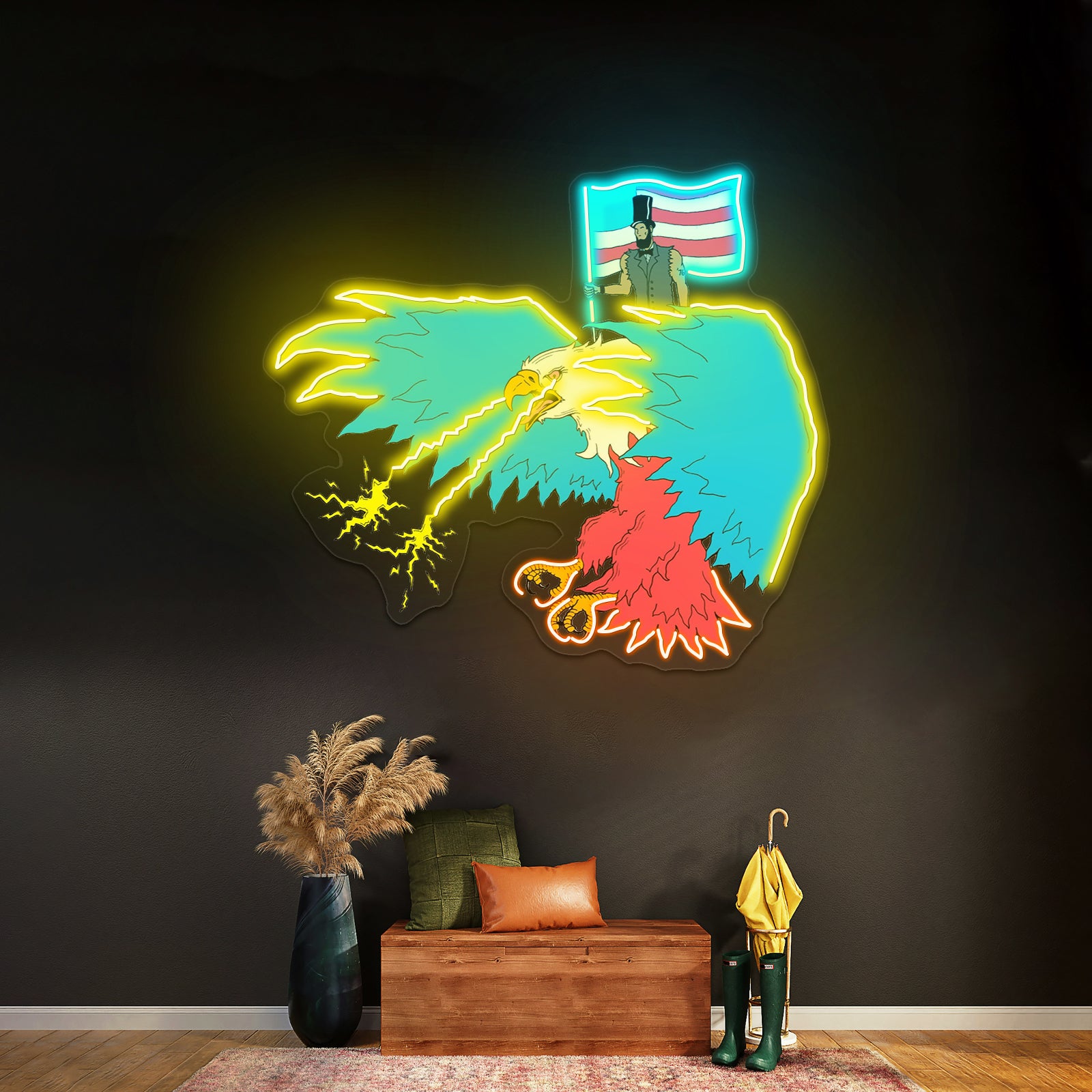 Abraham Lincoln Riding Eagle With Lasers Neon Signs For Aesthetic Neon Signs Artwork