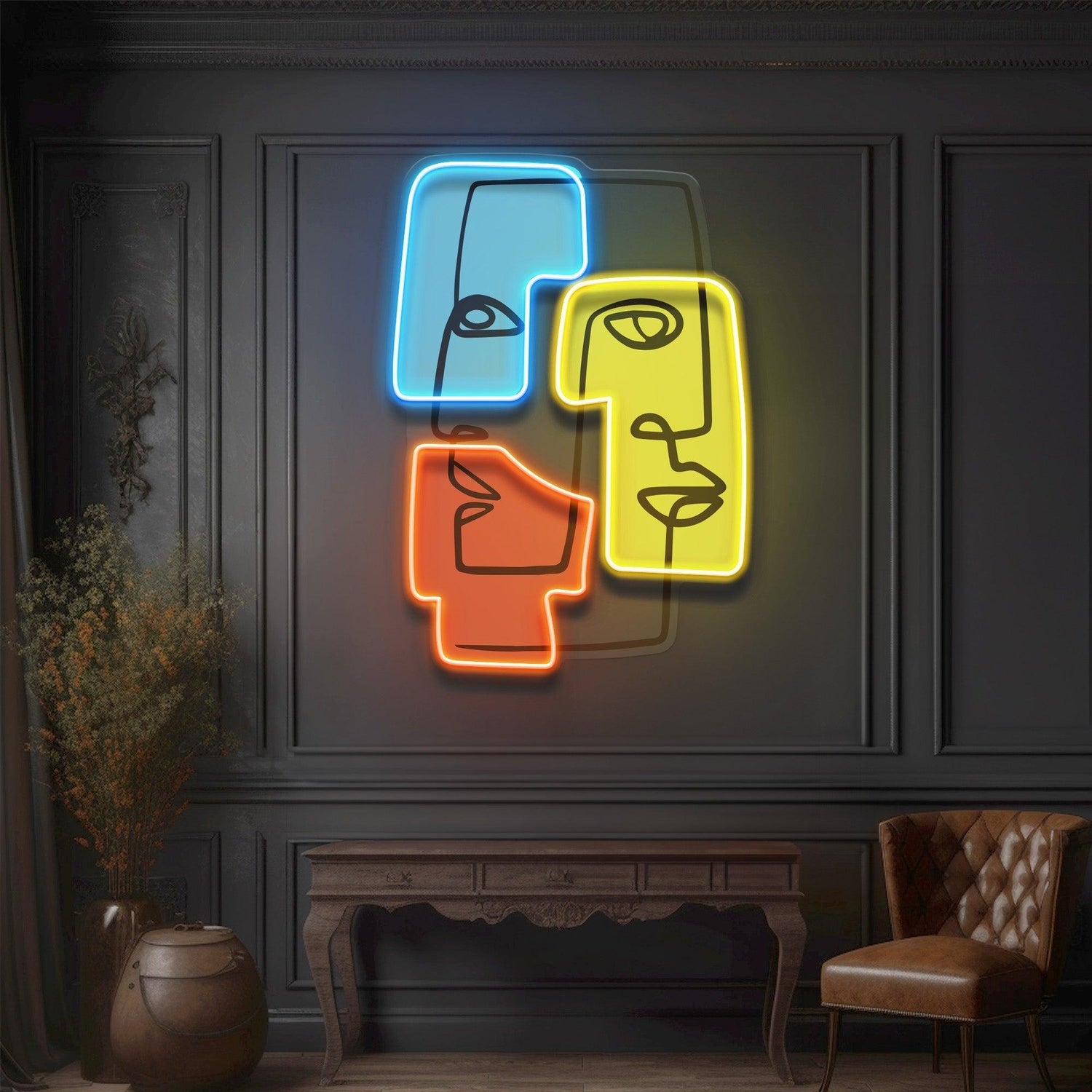 Abstract Side Profile Faces Geometric Tri-Color Uv Printed Led Neon Sign For Indoor Decor | Shineneon