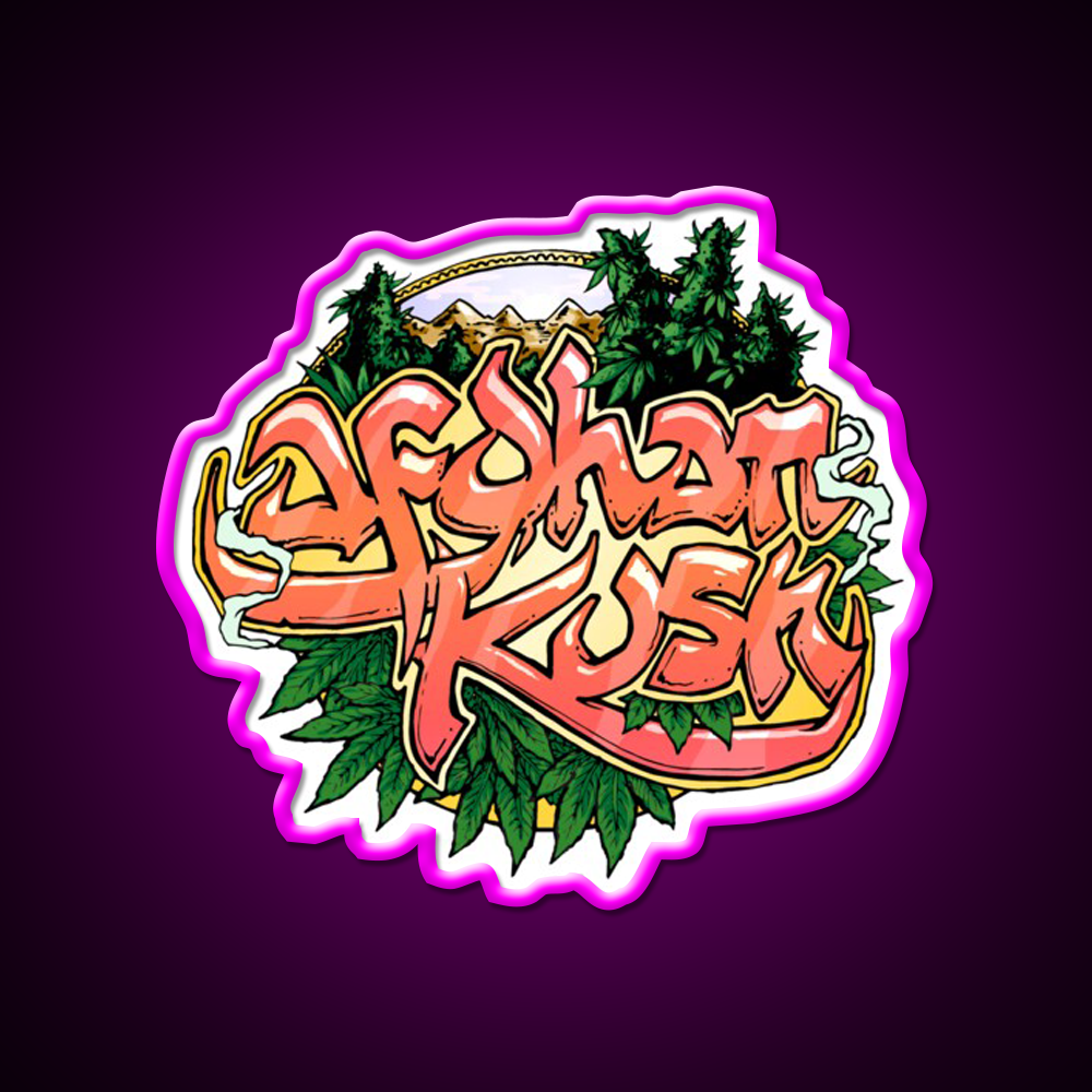 Afghan Kush Artwork Hemp Inspired Green Leaf Led Neon Sign Rgb Color - Neon sign mounted on wall in room