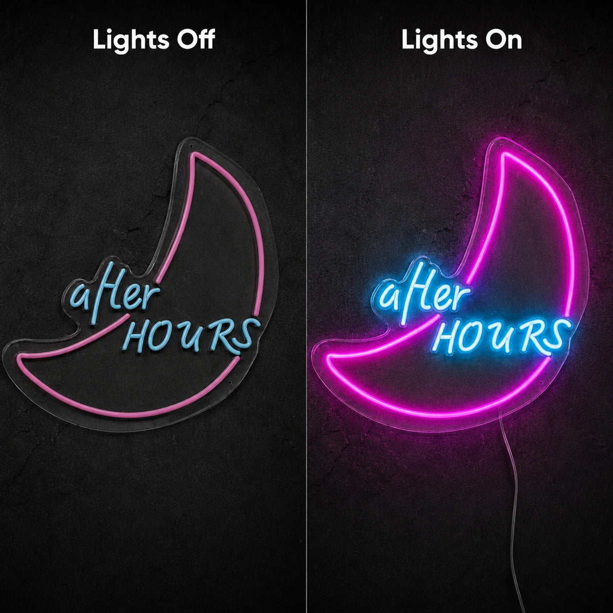After Hours Crescent Neon Sign LED Neon Sign day and night comparison