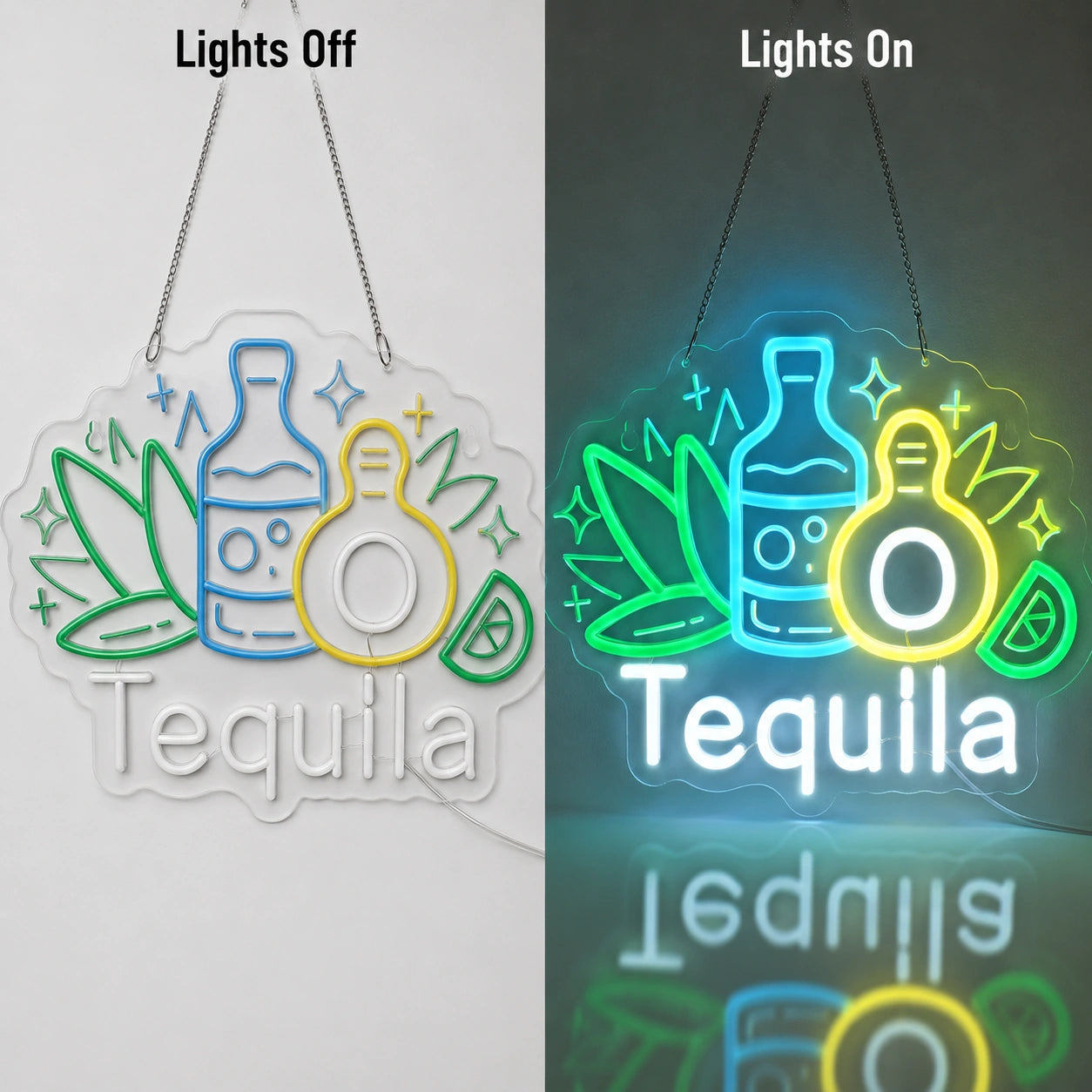 Agave Tequila Bottle Neon Sign LED Neon Sign day and night comparison