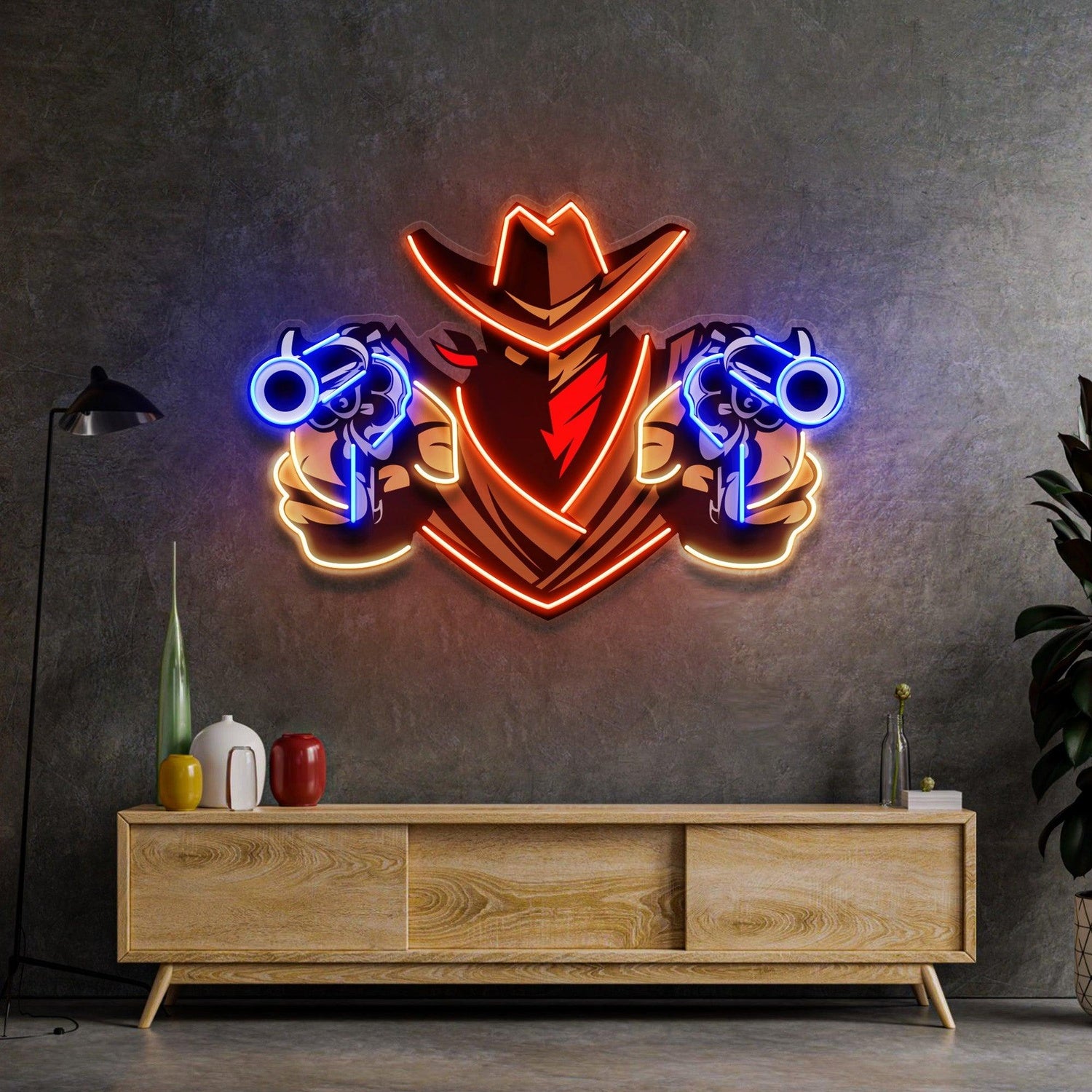 Aiming Guns Cowboy Orange-Blue Uv Printed Led Neon Sign For Western Room Decor | Shineneon
