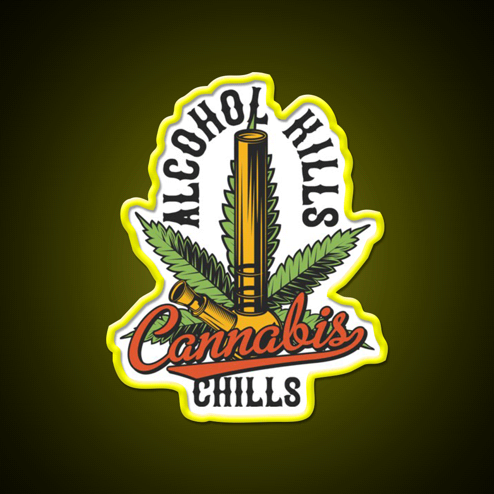 Alcohol Kills Chills Hemp Inspired Green Leaf Led Neon Sign Rgb Color - Custom LED neon sign front view