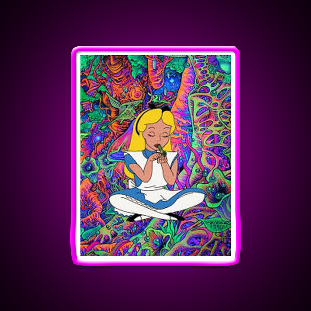 Alice In Wonderland Psychedelic Hemp Inspired Green Leaf Led Neon Sign Rgb Color - Neon sign mounted on wall in room