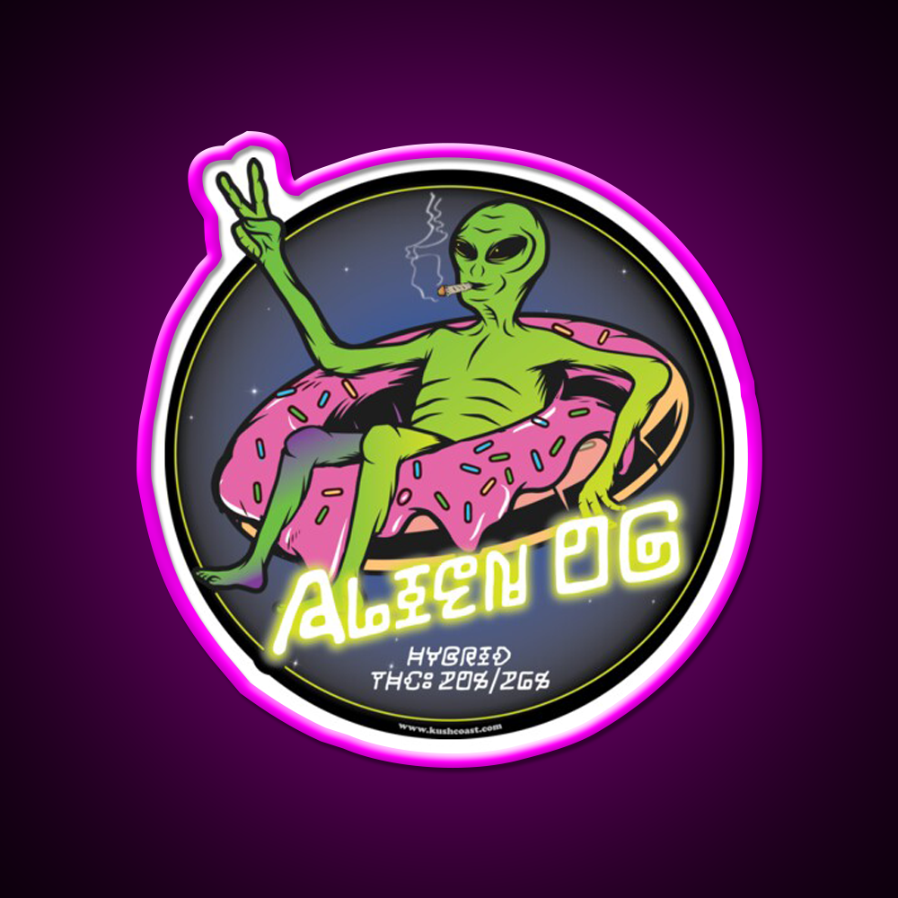 Alien Og Strain Art Hemp Inspired Green Leaf Led Neon Sign Rgb Color - Neon sign mounted on wall in room