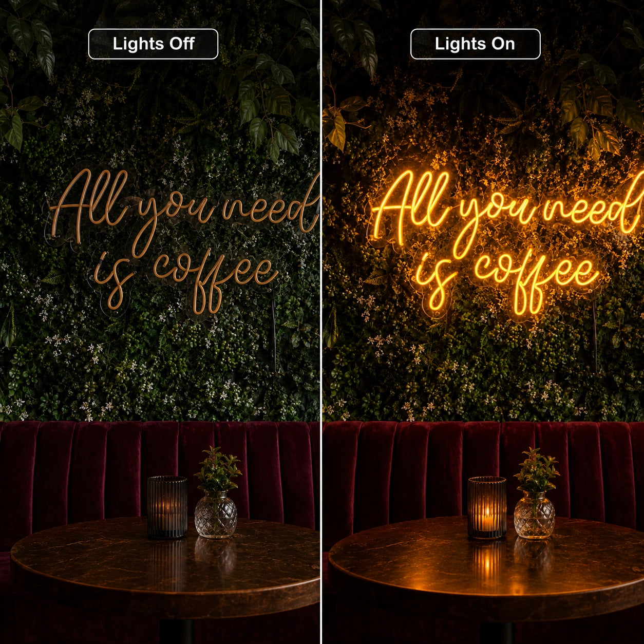 All You Need Is Coffee LED Neon Sign - 06 Day Night Comparison