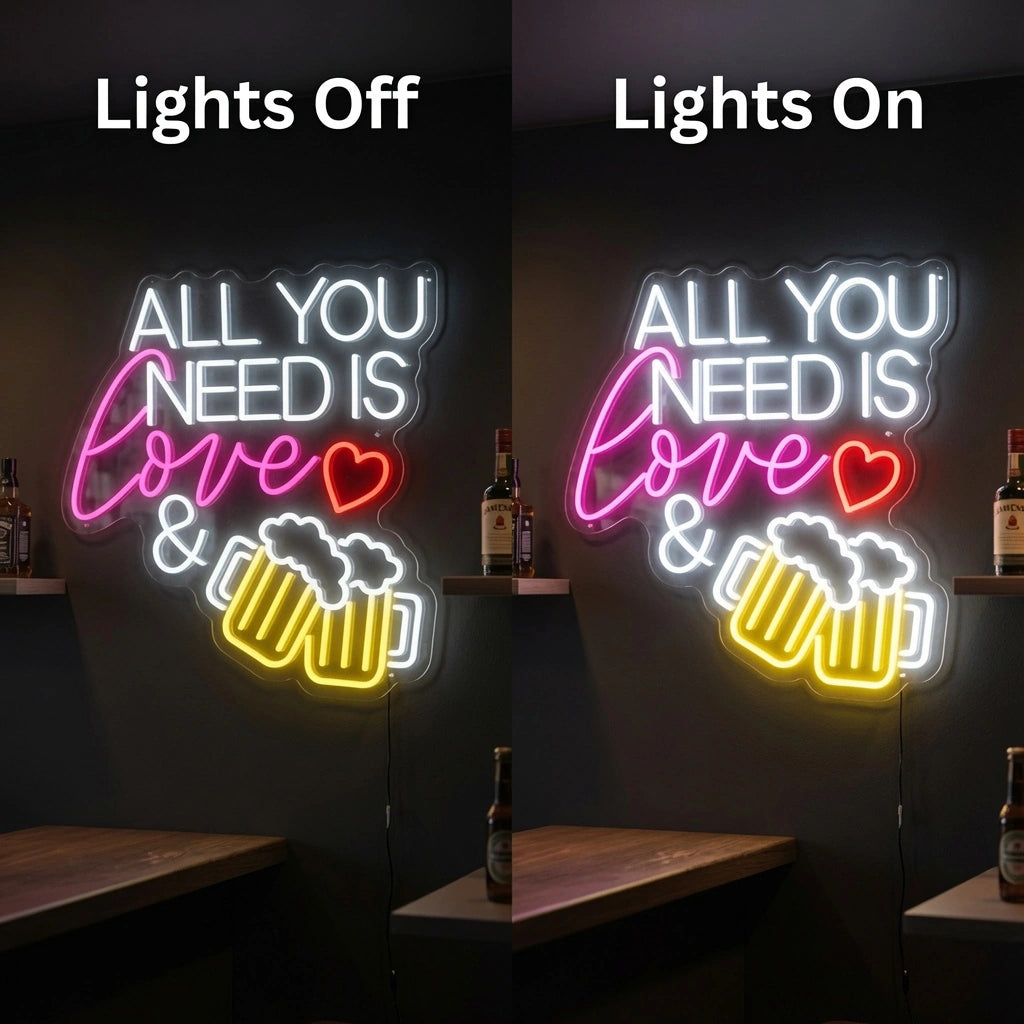 All You Need Is Love And Beer LED Neon Sign - 06 Day Night Comparison