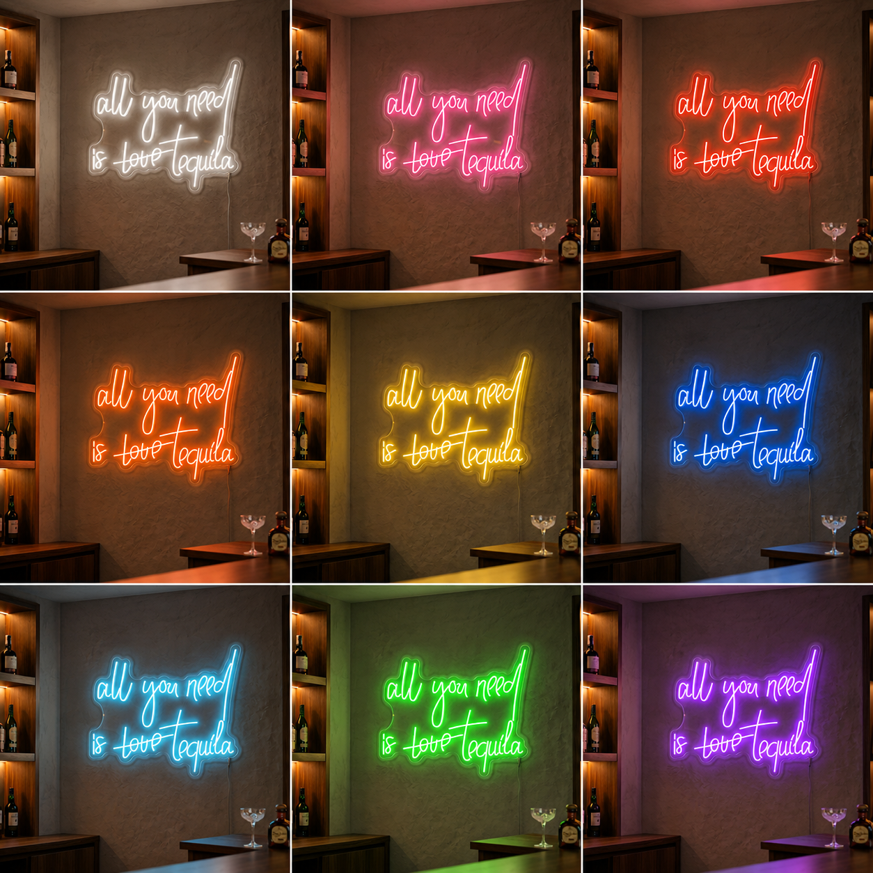 All You Need Tequila Wall Decor LED Neon Sign color grid