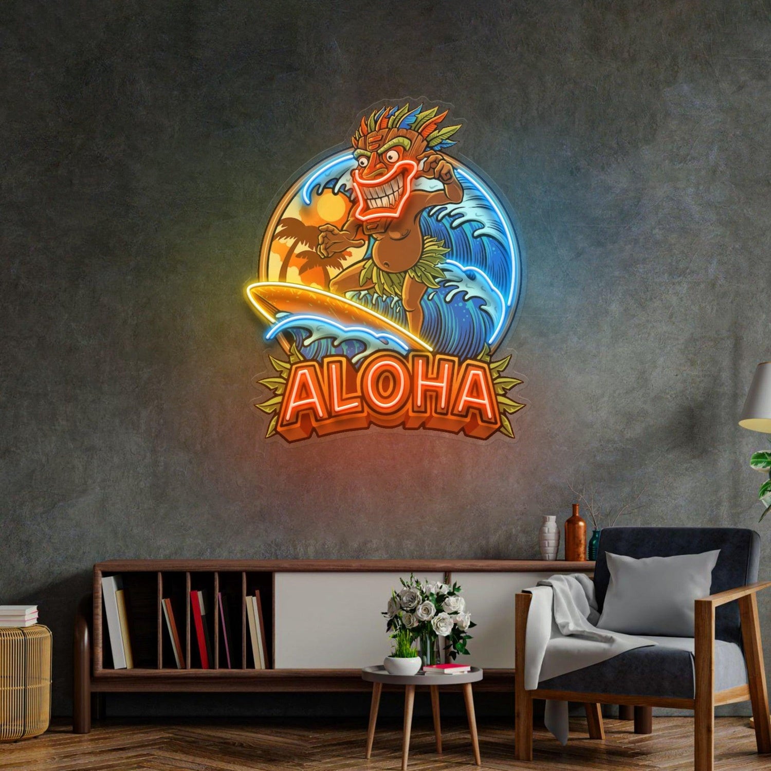 Aloha Tiki Surfing Multicolor Uv Printed Led Neon Sign For Tropical Bar Beach Decor | Shineneon