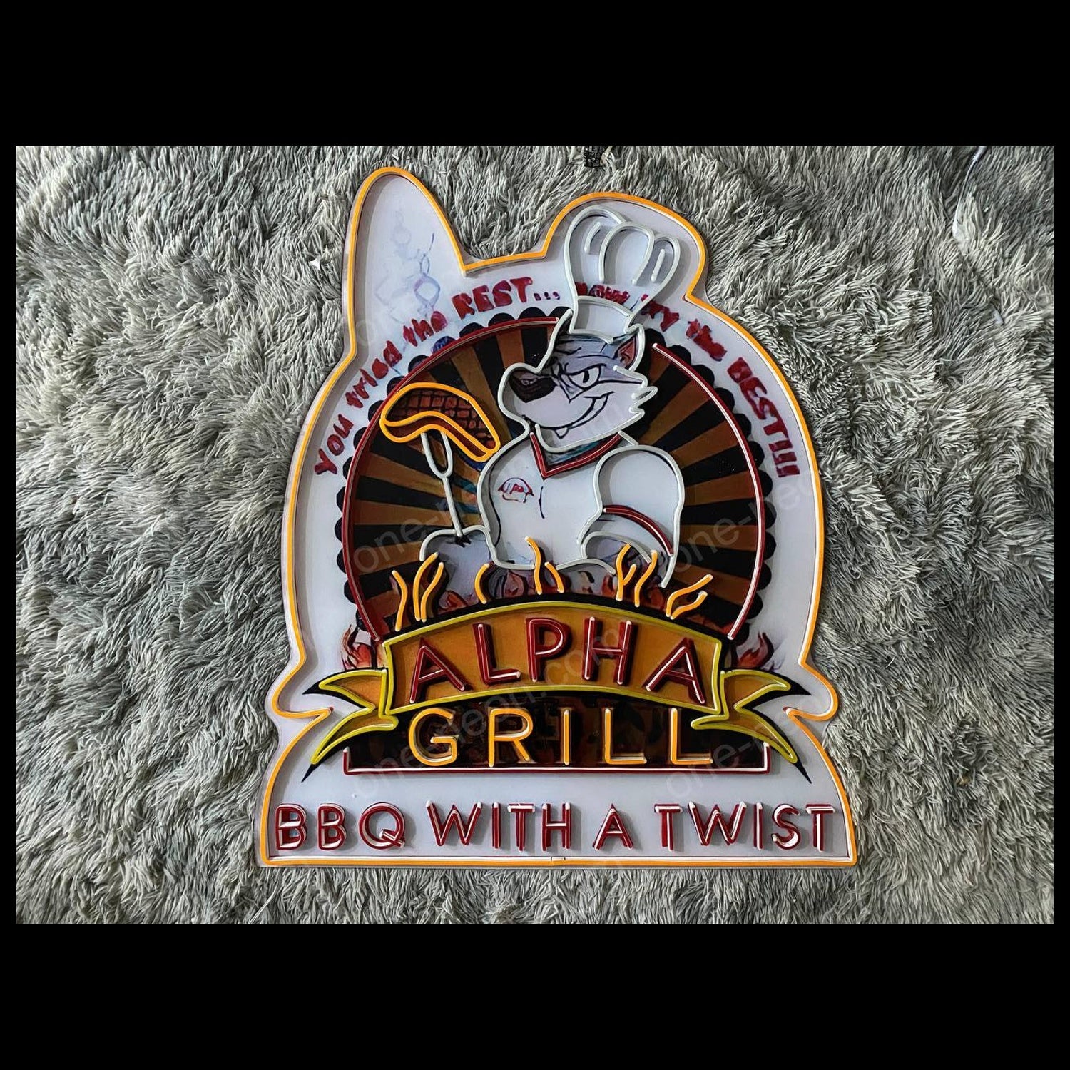 Alpha Grill Bbq Cartoon Wolf Chef Flame Led Neon Sign For Restaurant Decor | Shineneon