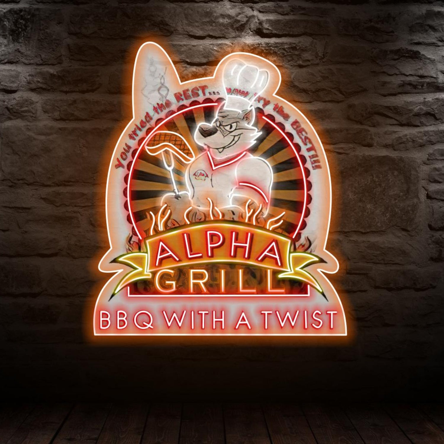 Alpha Grill Bbq Cartoon Wolf Chef Flame Led Neon Sign For Restaurant Decor | Shineneon