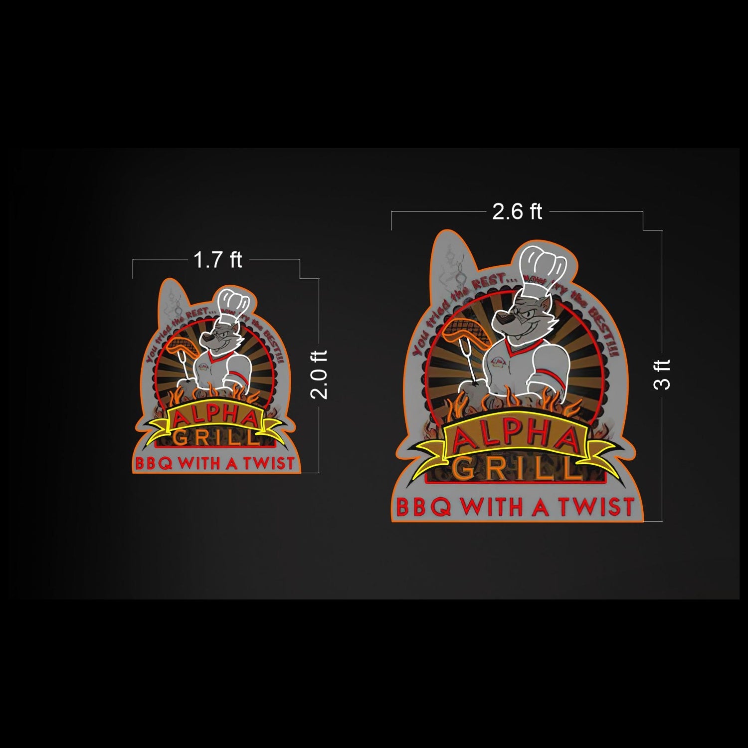 Alpha Grill Bbq Cartoon Wolf Chef Flame Led Neon Sign For Restaurant Decor | Shineneon