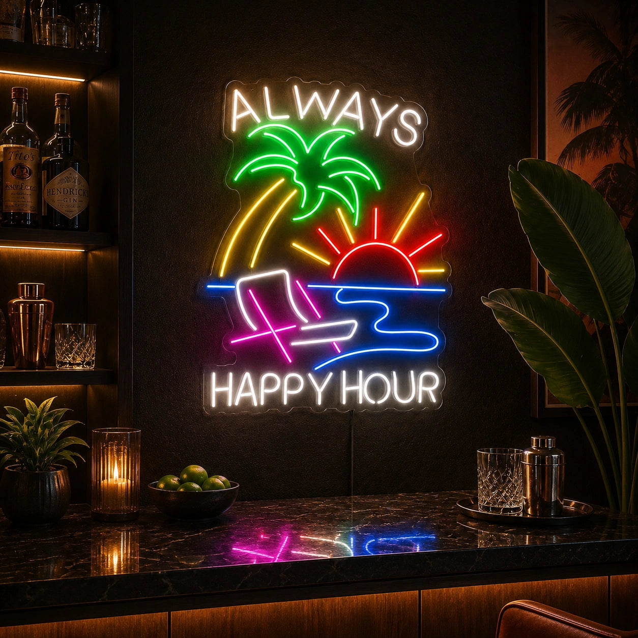 Always Happy Hour Palm Tree Sunset LED Neon Sign high-converting product image