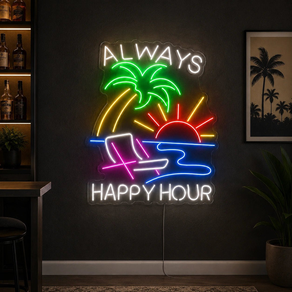 Always Happy Hour Palm Tree Sunset LED Neon Sign - Shineneon