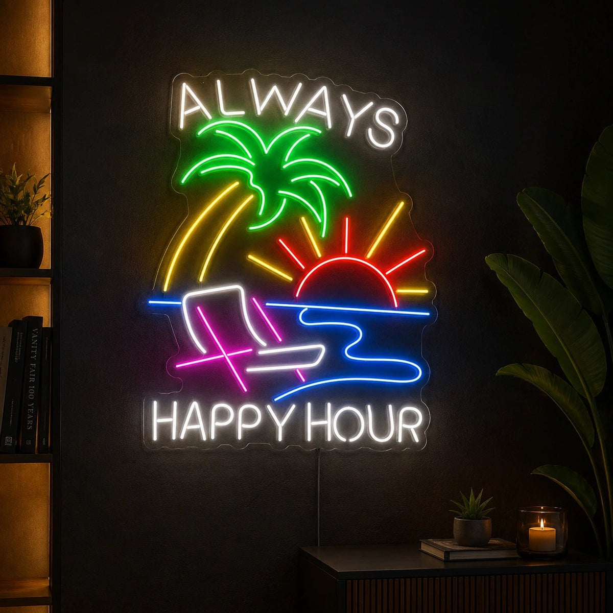 Always Happy Hour Palm Tree Sunset LED Neon Sign - Shineneon