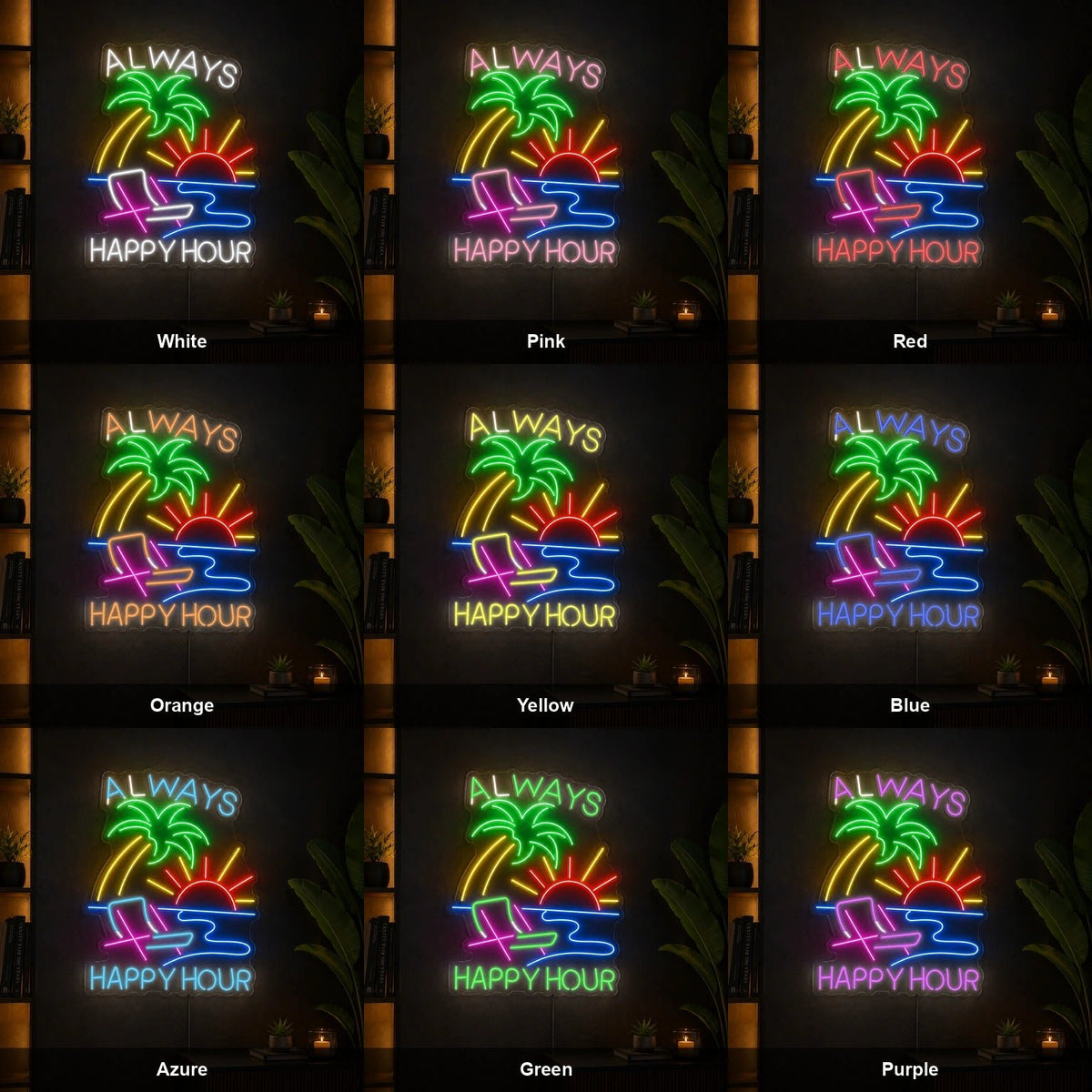 Always Happy Hour Palm Tree Sunset LED Neon Sign - Shineneon