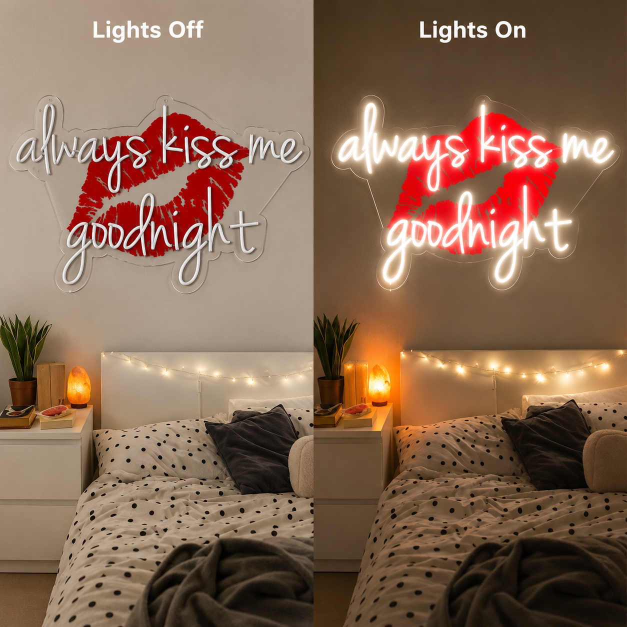 Always Kiss Me Goodnight LED Neon Sign Bedroom Decor - 06 Day Night Comparison