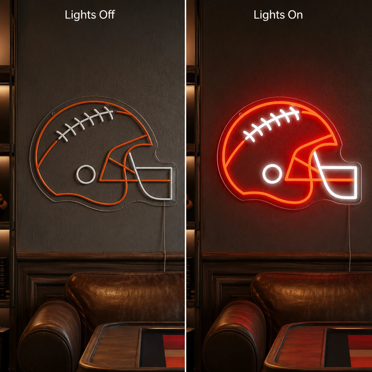 American Football Laces LED Neon Sign day and night comparison
