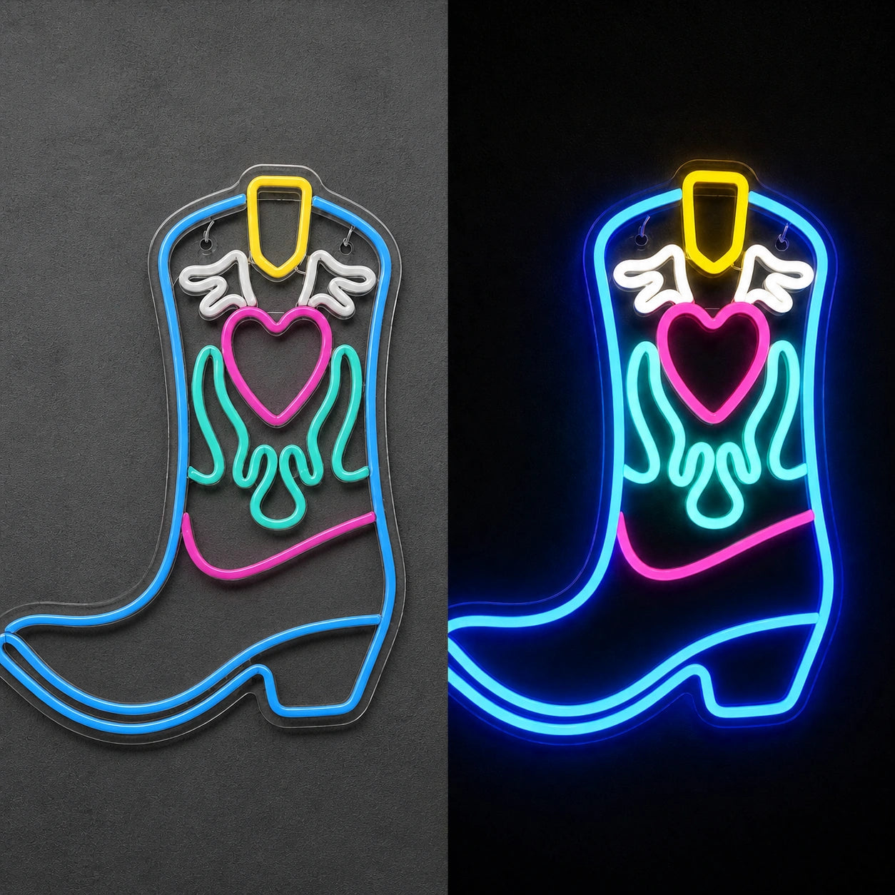 Angel Winged Cowboy Boot Vintage LED Neon Sign day and night comparison