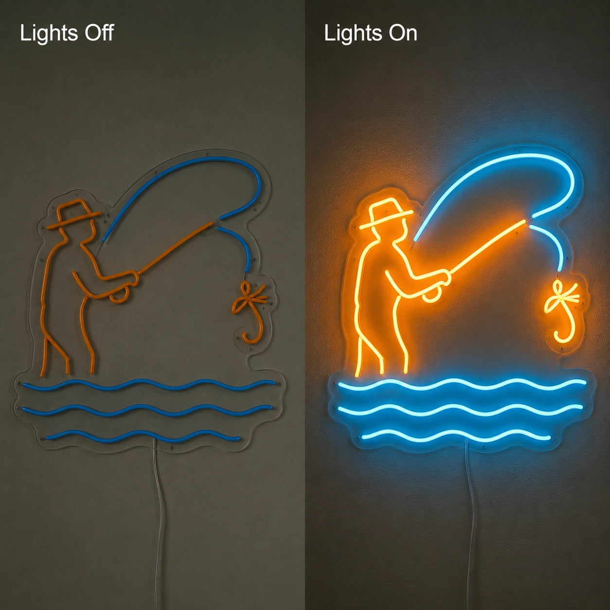 Angler Cast Neon Sign LED Neon Sign day and night comparison