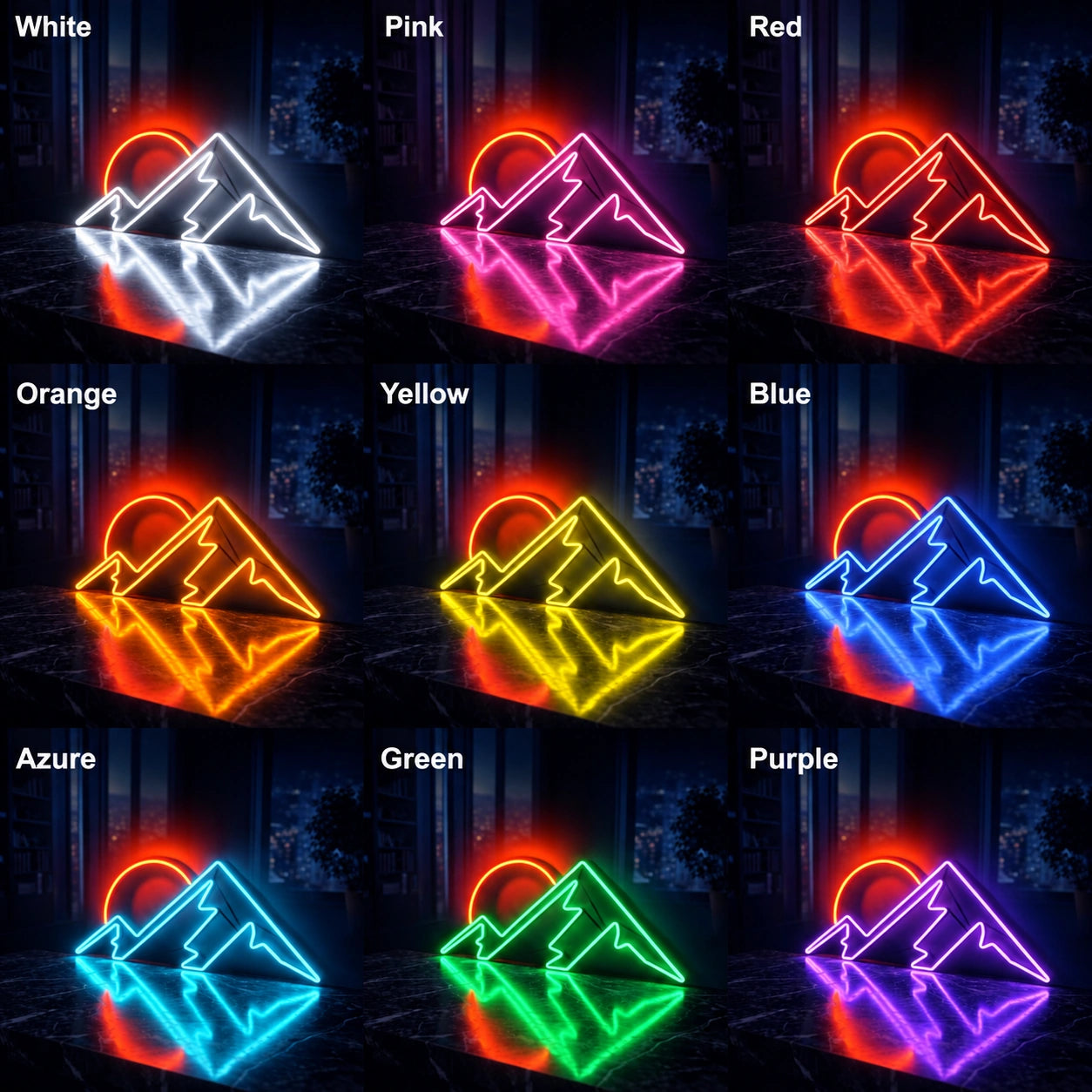 Angular Mountain Sunset LED Neon Sign day and night comparison