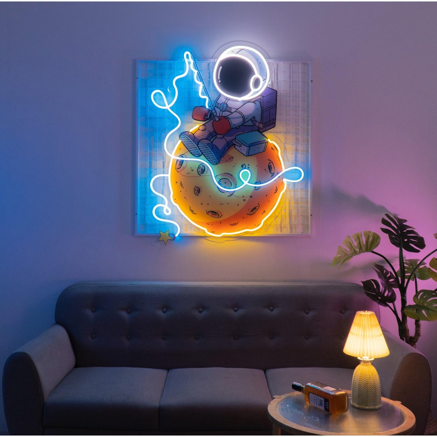 Astro Fishing On Moon Uv Printed Led Neon Sign Artwork For Kids Room Decor | Shineneon