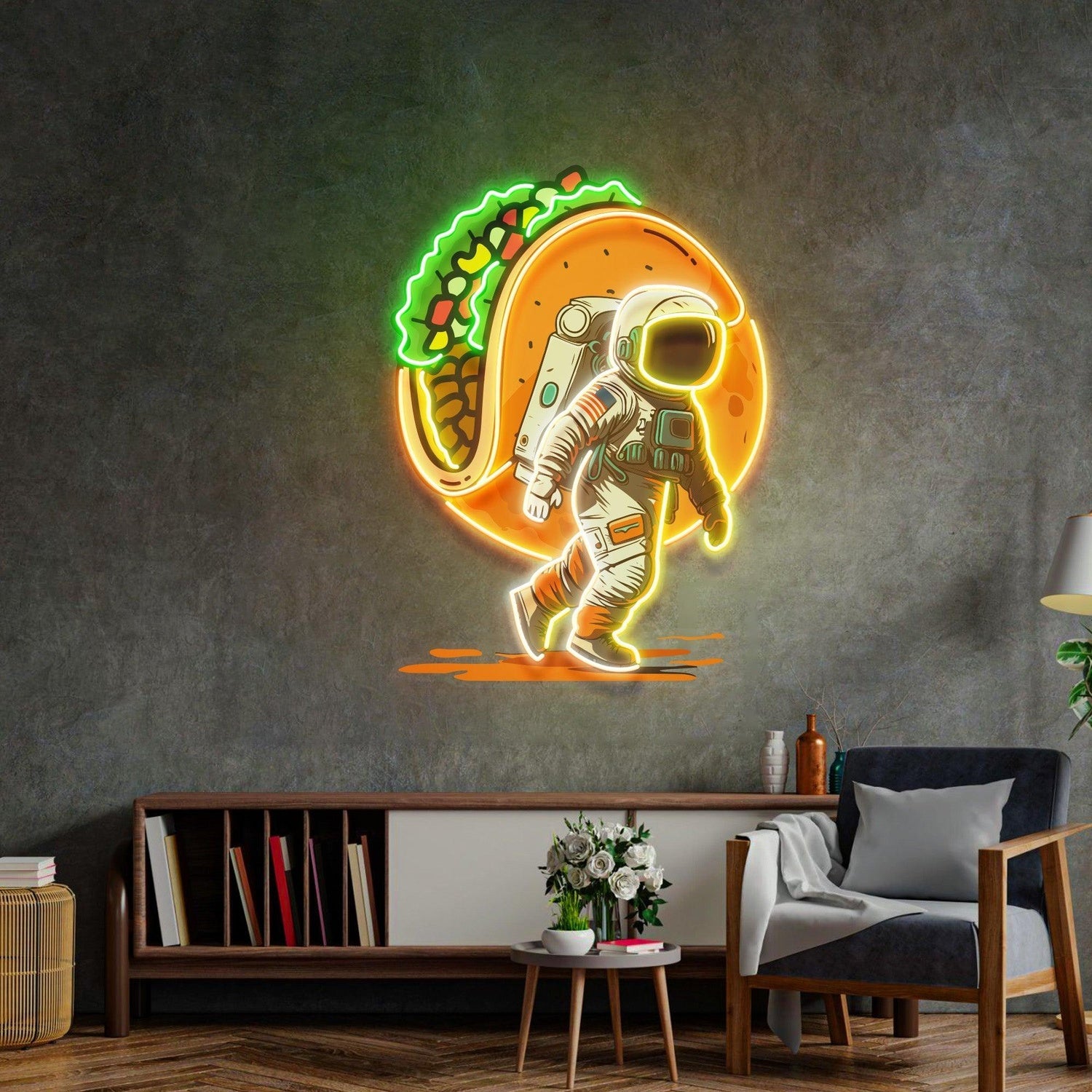 Astronaut Carrying Tacos Uv Printed Led Neon Sign For Home And Cafe Decor | Shineneon