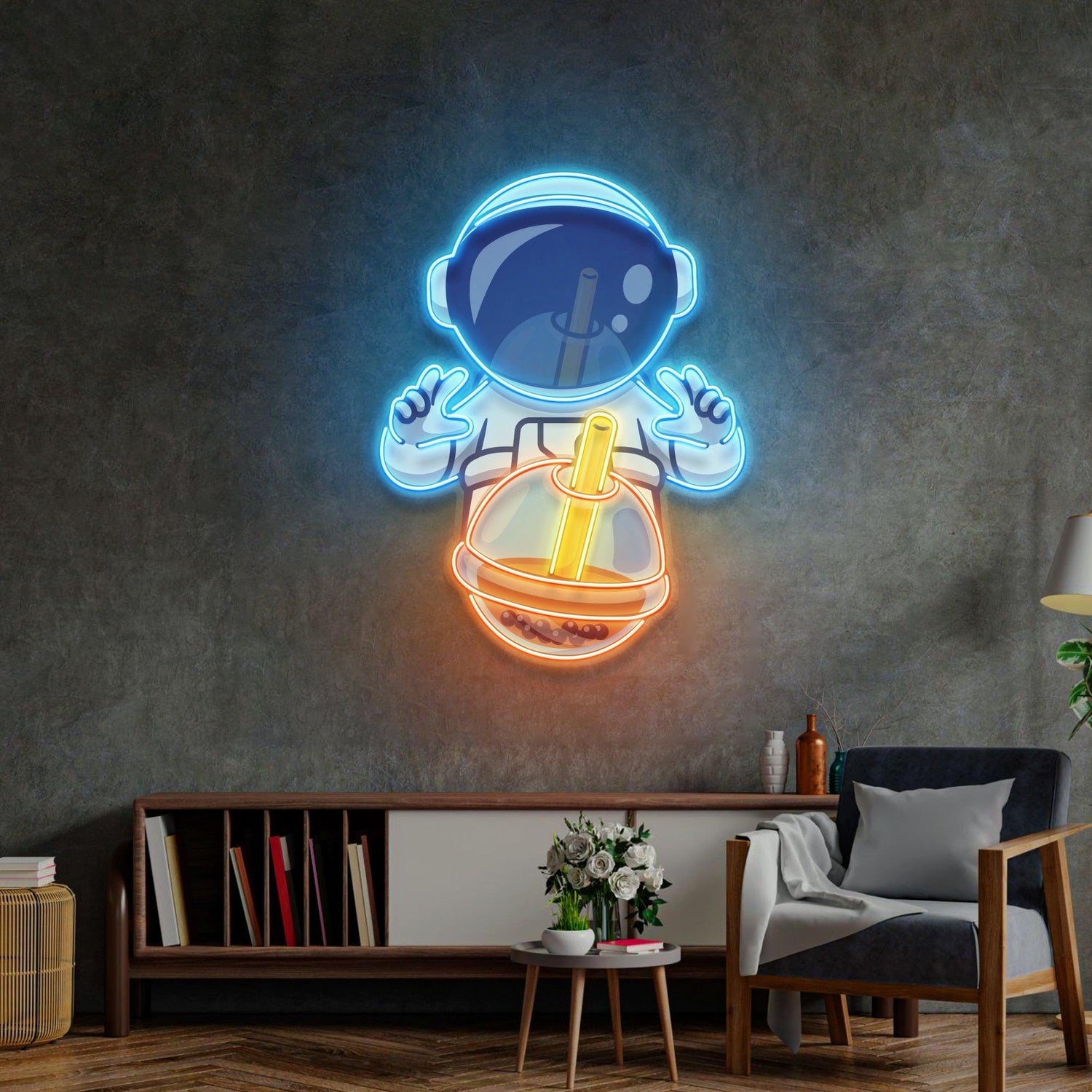 Astronaut Drinking Milktea Blue-Orange Uv Printed Led Neon Sign Cartoon Indoor Decor | Shineneon