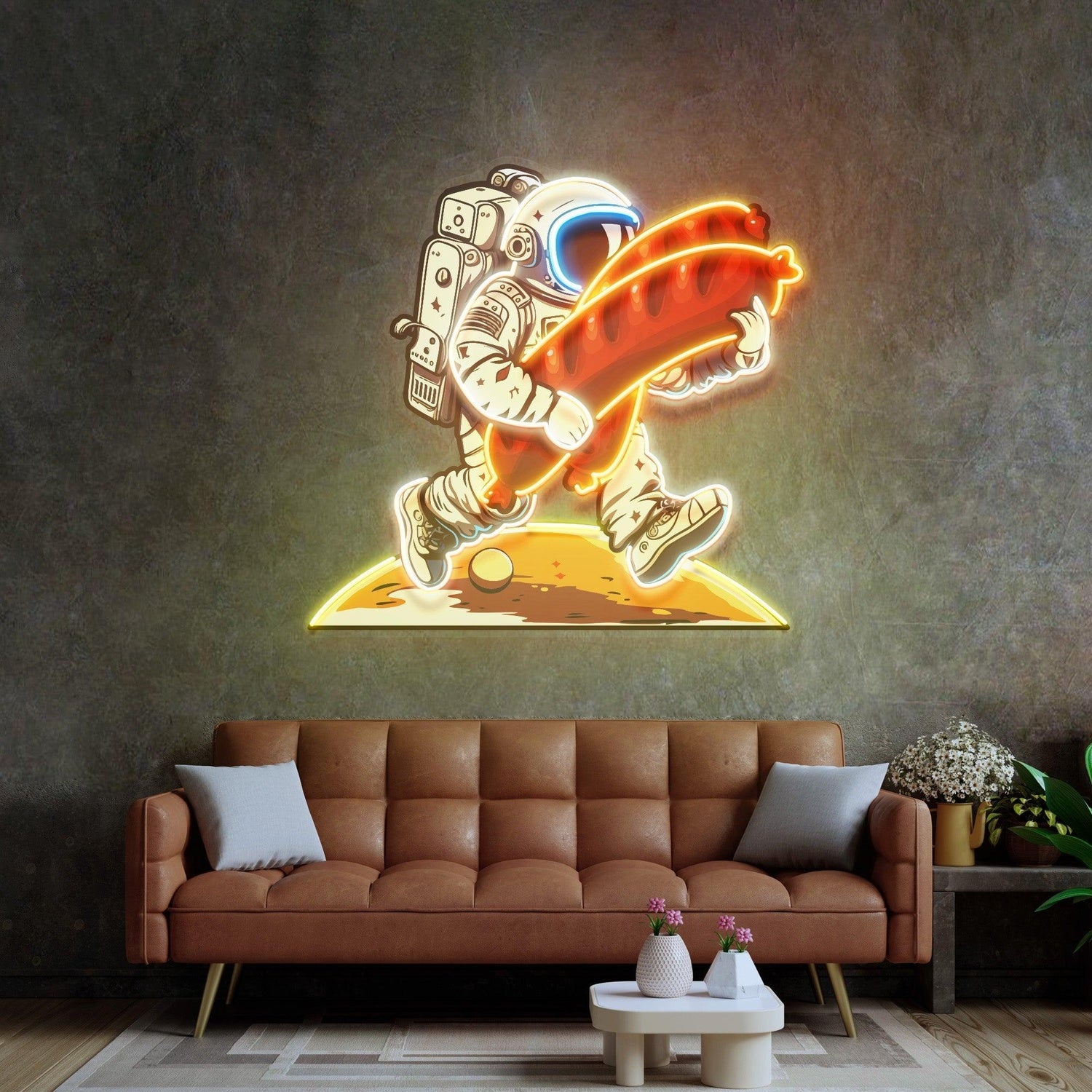 Astronaut Holding Sausage Uv Printed Led Neon Sign Artwork For Indoor Wall Art | Shineneon