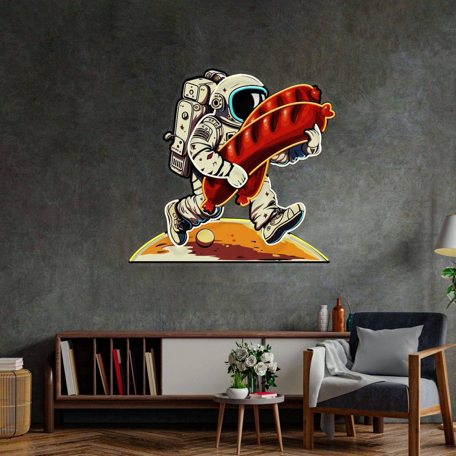 Astronaut Holding Sausage Uv Printed Led Neon Sign Artwork For Indoor Wall Art | Shineneon