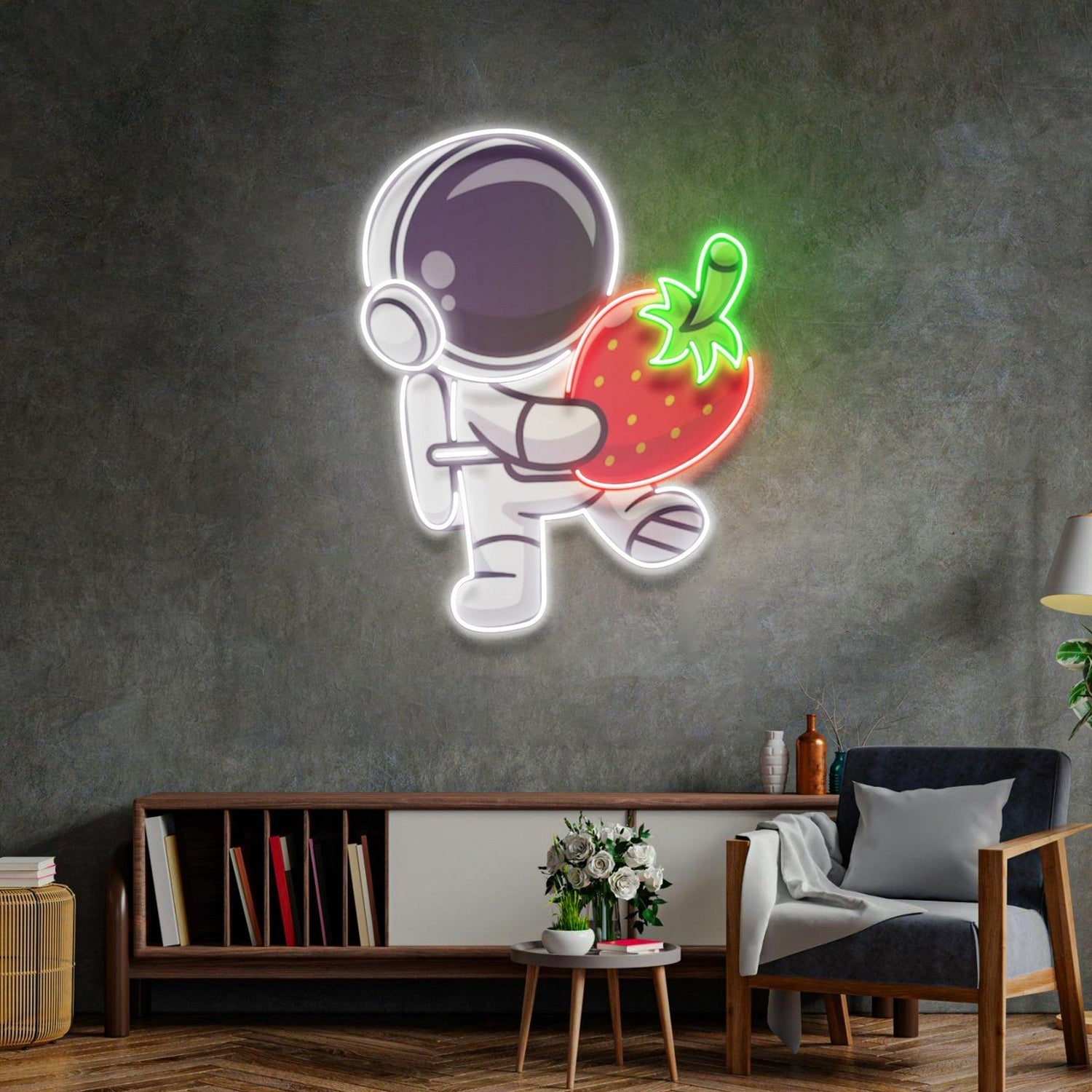 Astronaut Holding Strawberry With Planets Uv Printed Led Neon Sign For Home Decor | Shineneon
