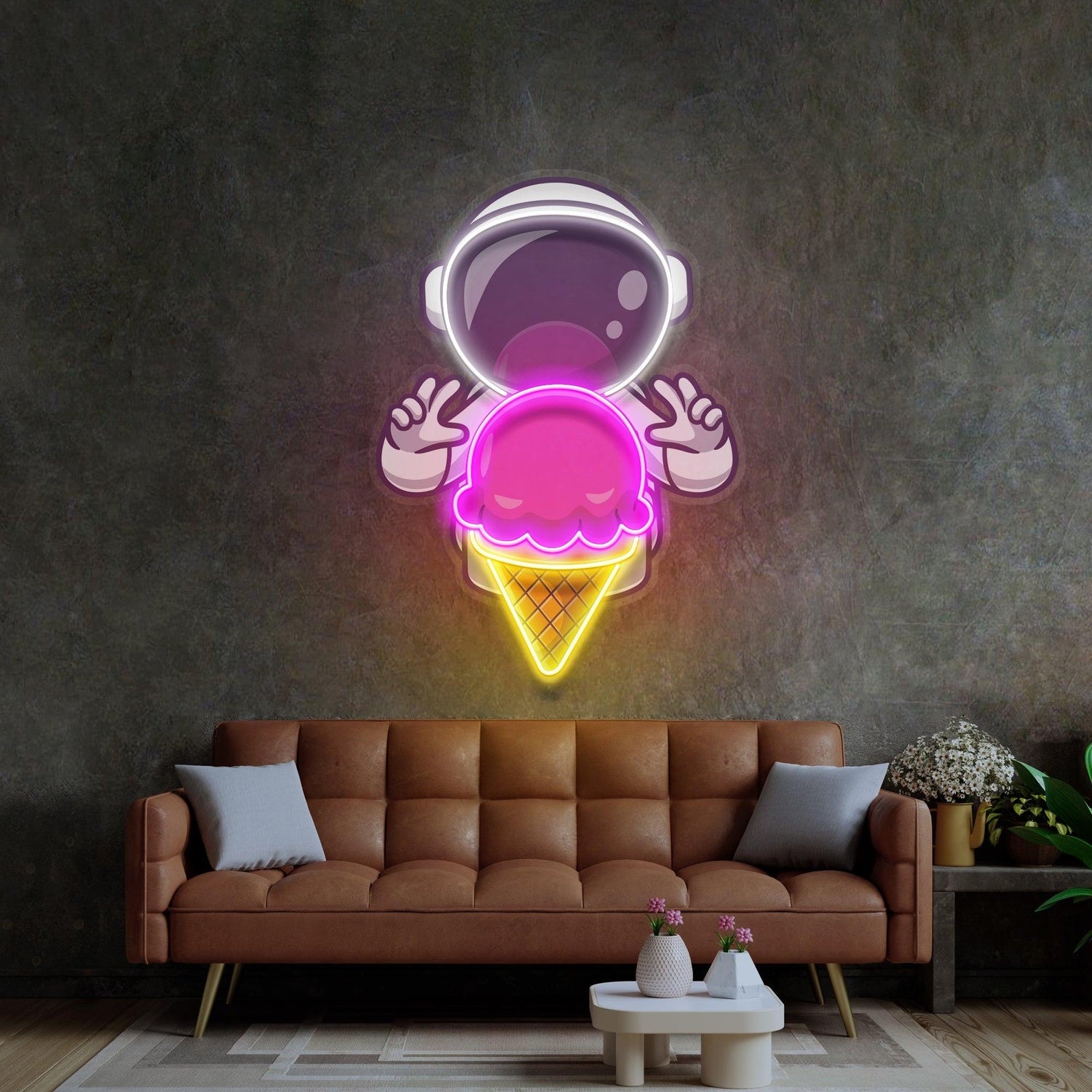 Astronaut Ice Cream Cartoon Pink Yellow White Uv Printed Led Neon Sign For Kids Room Decor | Shineneon