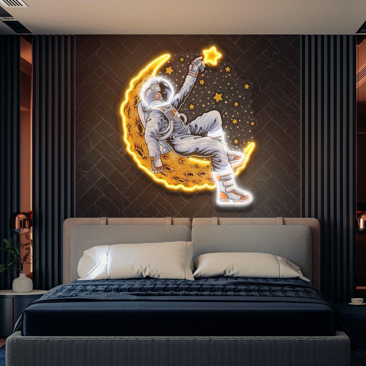 Astronaut On Moon With Stars Uv Printed Led Neon Sign Artwork For Bedroom Wall Decor | Shineneon