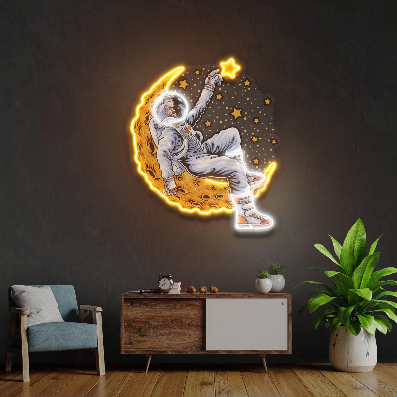Astronaut On Moon With Stars Uv Printed Led Neon Sign Artwork For Bedroom Wall Decor | Shineneon
