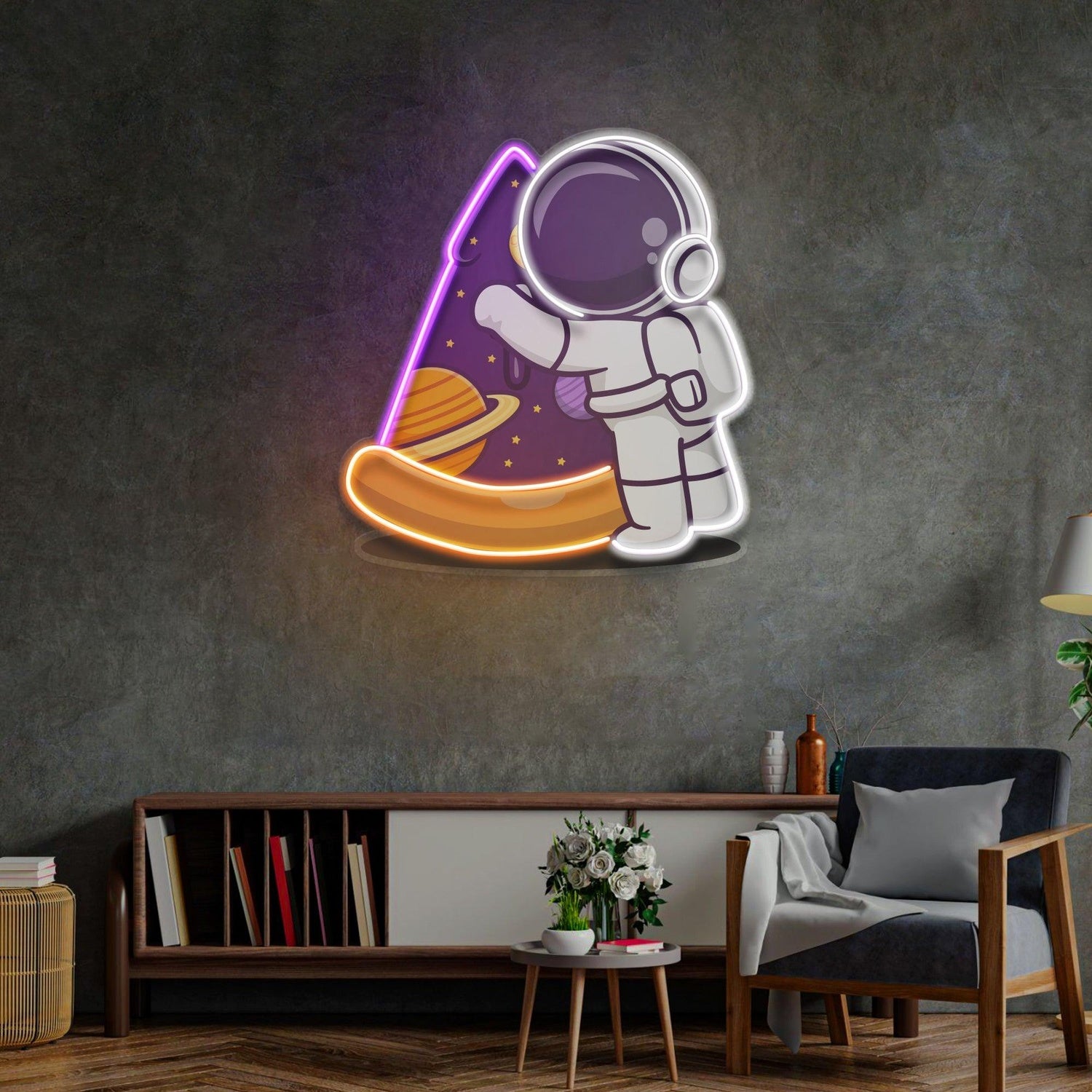Astronaut Pizza Geometric Cat Uv Printed Led Neon Sign For Indoor Wall Decor | Shineneon