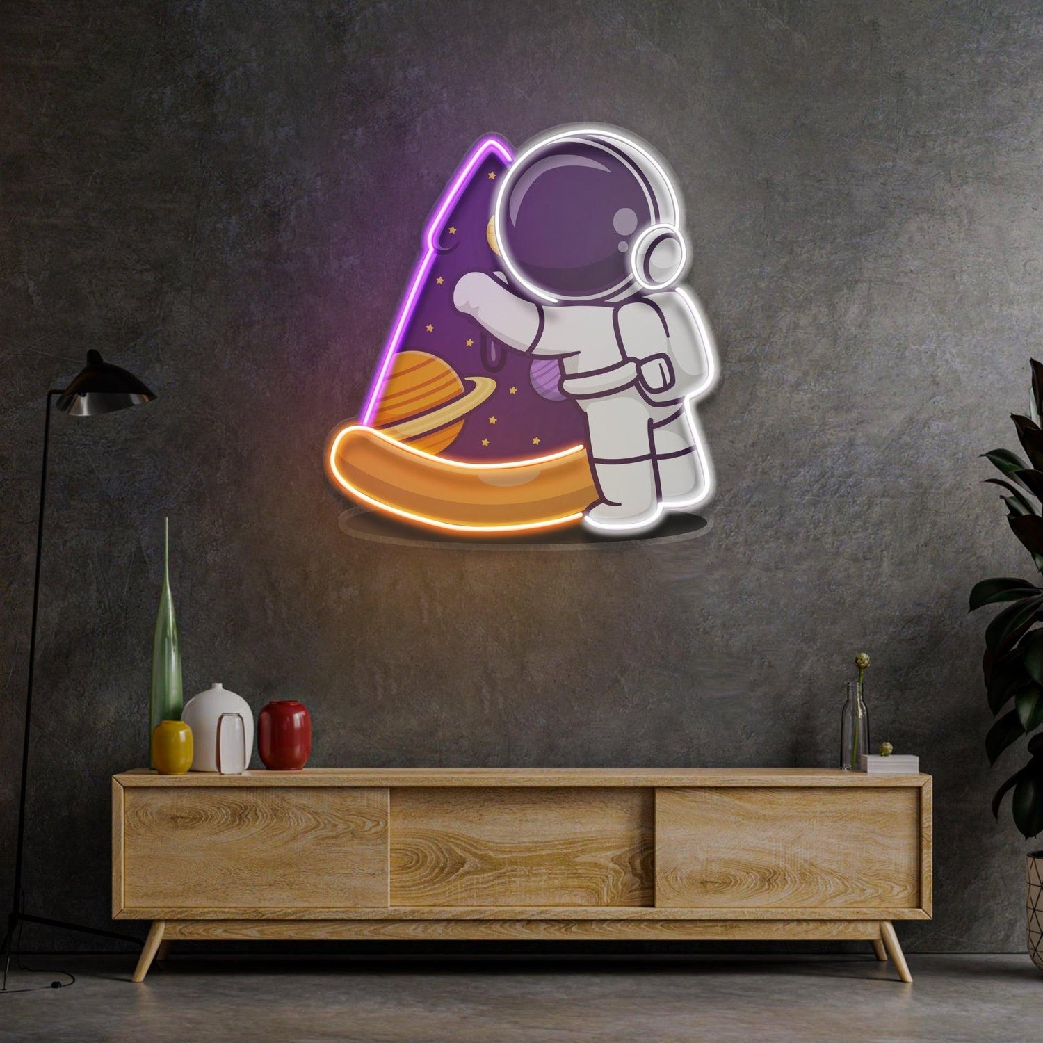 Astronaut Pizza Geometric Cat Uv Printed Led Neon Sign For Indoor Wall Decor | Shineneon